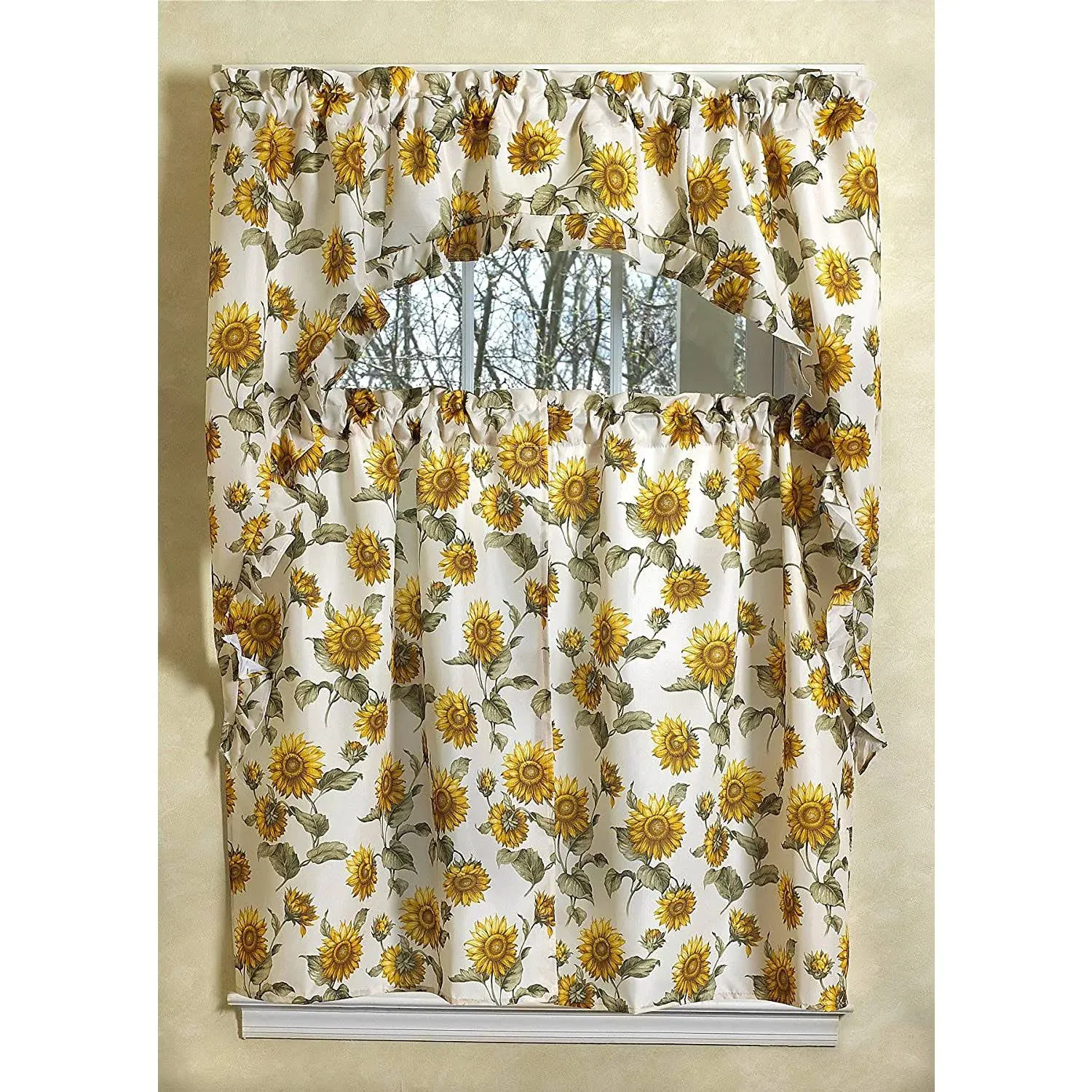 Violet Linen Classic Euro Sunflower 3 Piece Kitchen Curtain Set, with Large Sunflower Design