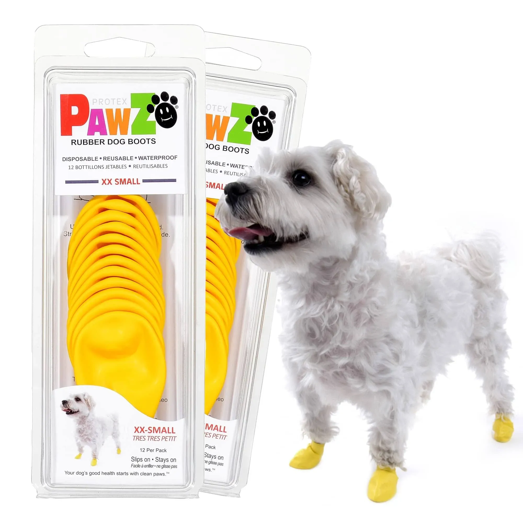 PawZ Rubber Dog Boots for Paws up to 1 1/2", 24 Total (2 Packs of 12) - All-Weather Dog Booties for Hot Pavement, Snow, Mud, and Rain - Waterproof, Anti Slip Dog Socks - XX-Small, Yellow