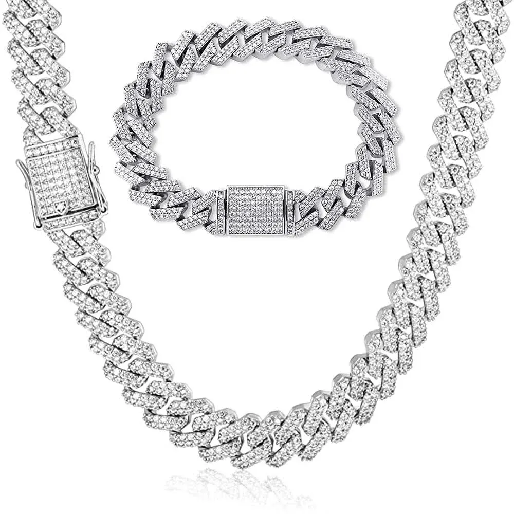 EMESLY Products Iced Out Cuban Link Necklace & Bracelet Set (13mm, Silver), Women ...