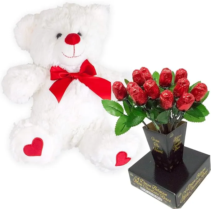 Valentines Day Gift Basket Teddy Bear Plush 12 Inches Color May Vary & A Dozen Belgian Milk Chocolate Rose Bouquet for Her Wife Girlfriend Mothe