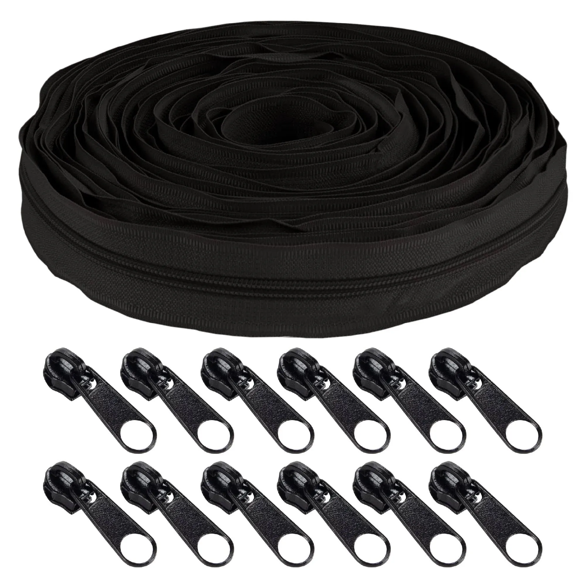 10 Yards #5 Nylon Coil Zipper Tape with 10 Metal Slider Pulls - Black