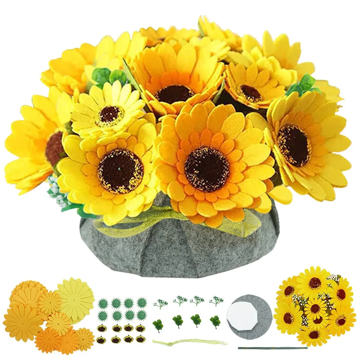 BAZIMA DIY Felt Flower Art Craft Kit, DIY Felt Sunflower Pot Bonsai Kit, Floral Gifts,Beginner Craft Kit,Arrange Pre-Cut Felt Flowers and Foliage