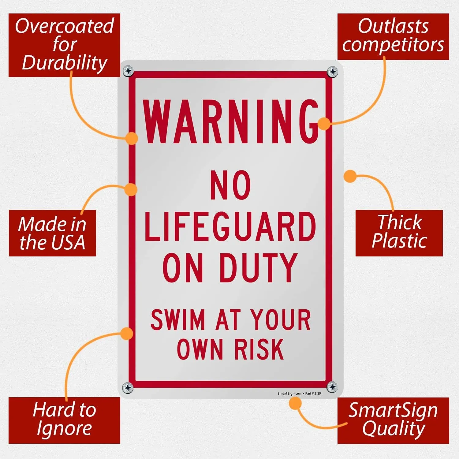 -K-8181-Pl Warning - No Lifeguard on Duty, Swim at Your Own Risk Sign | 10" x ...