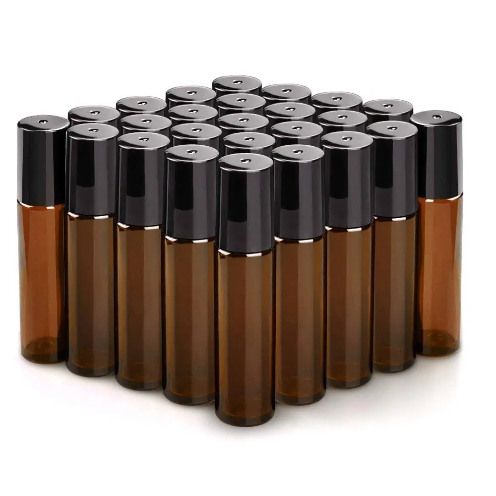 Sungwoo 25 Pack Essential Oil Roller Bottles, 10ml Amber Glass Roller Bottles With Stainless Steel Roller Balls And Caps For Travel, Perfume And Lip