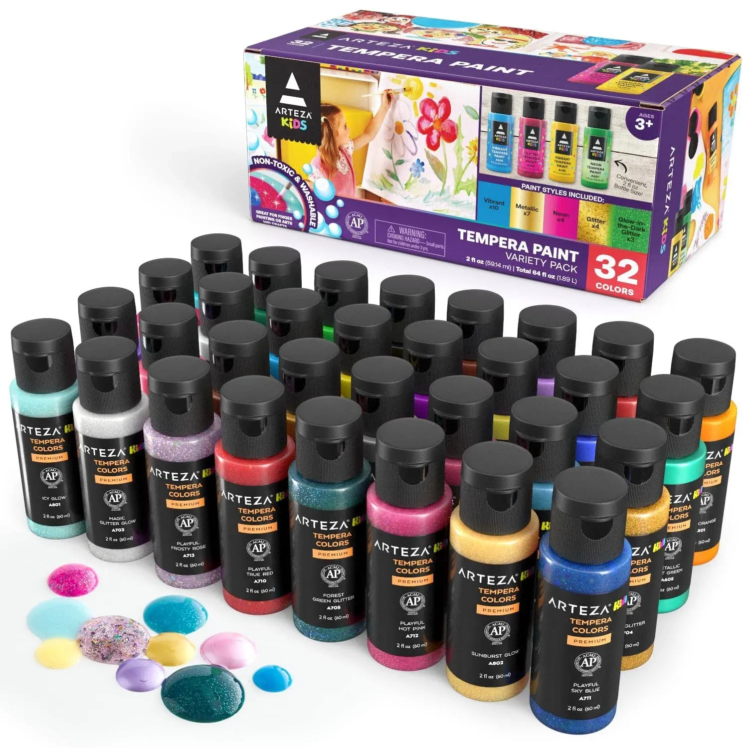 Arteza Kids Premium Tempera Paint, Assorted Colors, 2 oz Bottles - Set of 32