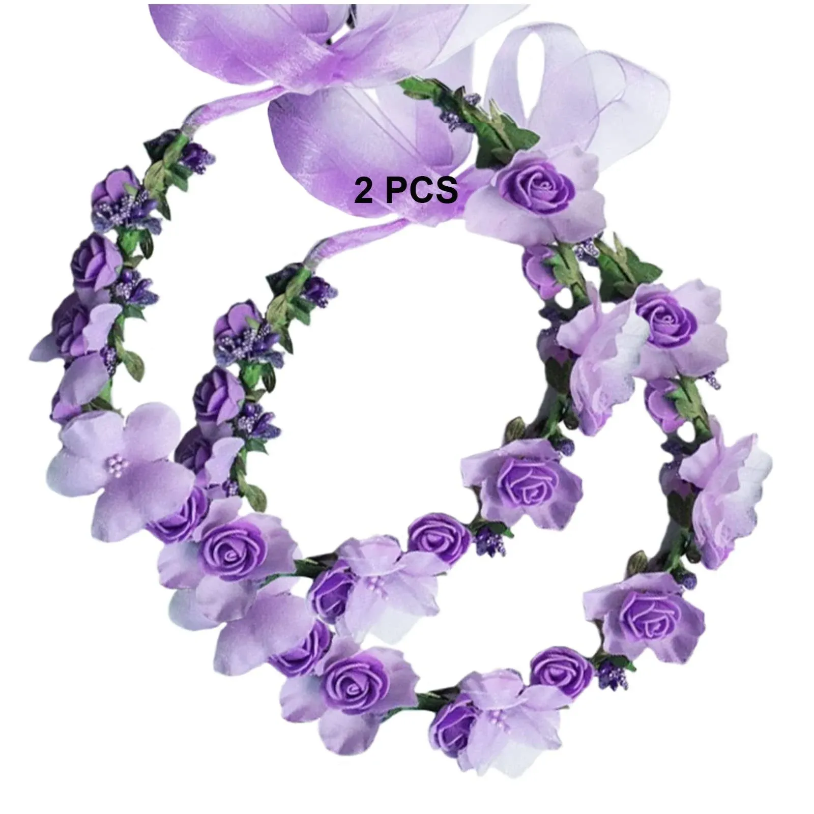 Flower Crown Headband Wreath Garland Hair Bands Floral Wedding Bridal Hair Hoop Women Leaf Ribbon Party Decoration Headdress Headwear Christmas Handmade Headpiece Hair Accessories 2 Pack Purple