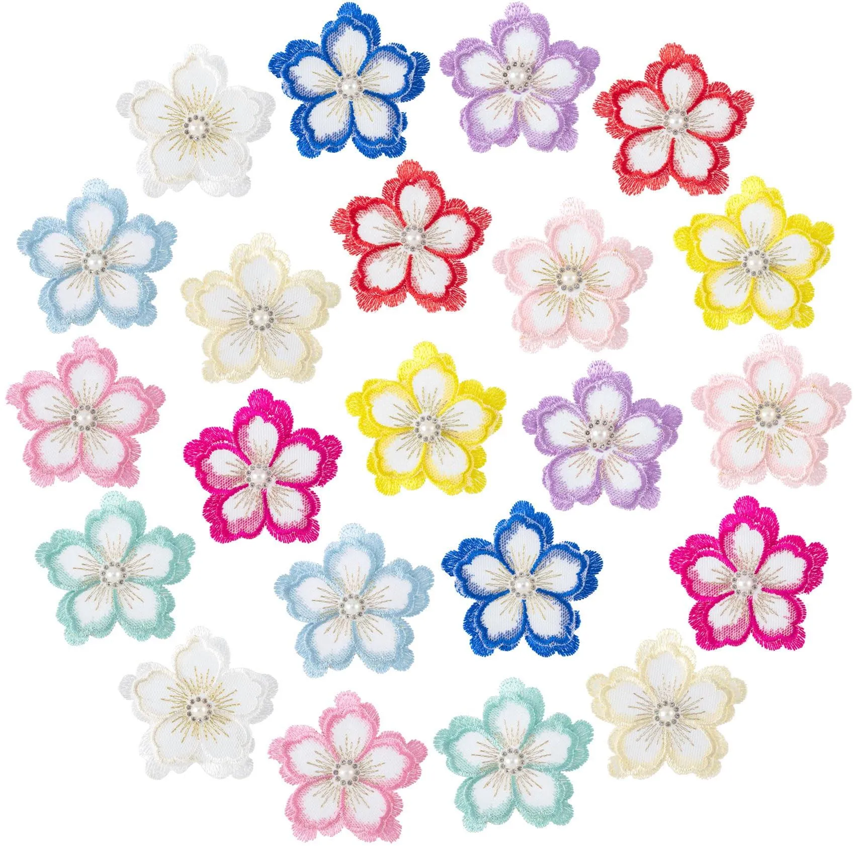 22pcs Colorful Flower Lace Patches 2.68 inch Rhinestone Pearl Embroidery Sewi...