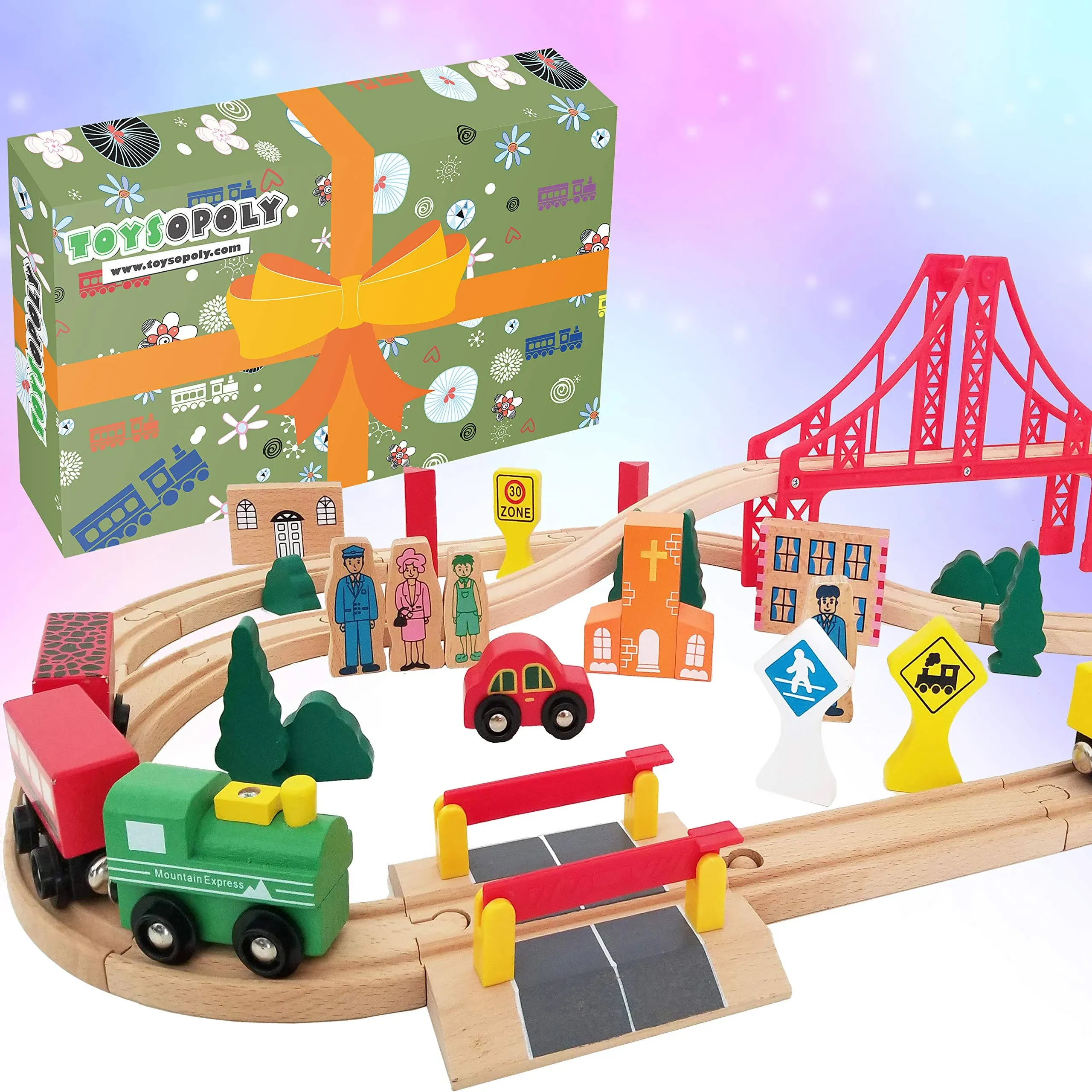 Wooden Train Tracks Full Set, Deluxe 55 Pcs with 3 Destination Fits Thomas, Brio ...