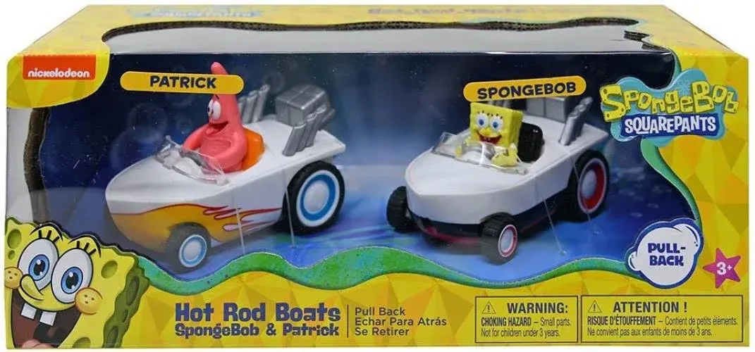 SpongeBob Squarepants Pull Back 2PK SpongeBob & Patrick Hot Rod Boats, Pull Back and Watch them Zoom, No Batteries, No Controls, No Hassle, Fun–Fast–Portable, Great Gift, Official Nickoledeon Licensed