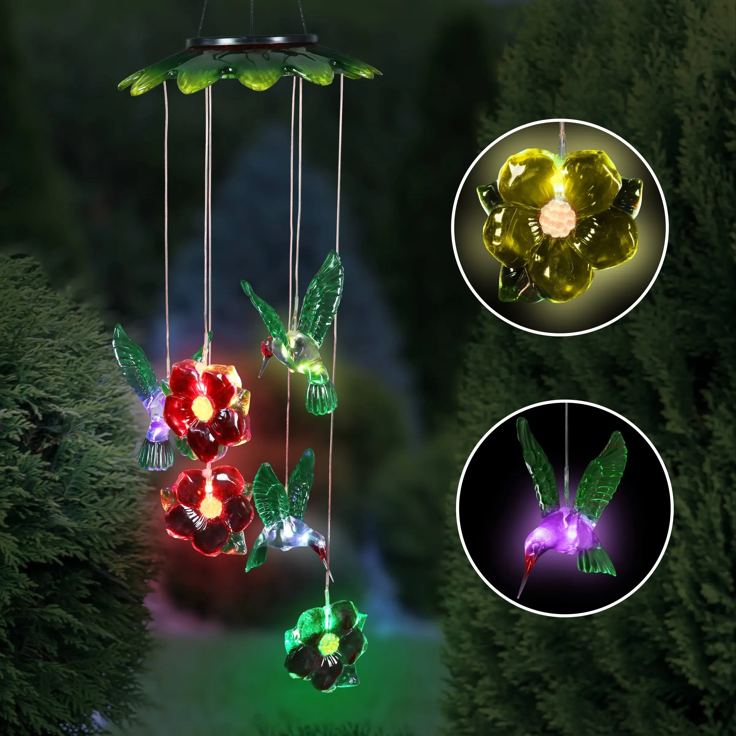 Exhart Solar Hanging Mobile, Hummingbirds and Flowers Garden Decor, 6 Color Changing LED Lights, Plastic Outdoor Lawn and Yard Decoration, 7 x 7 x 27.5 Inch