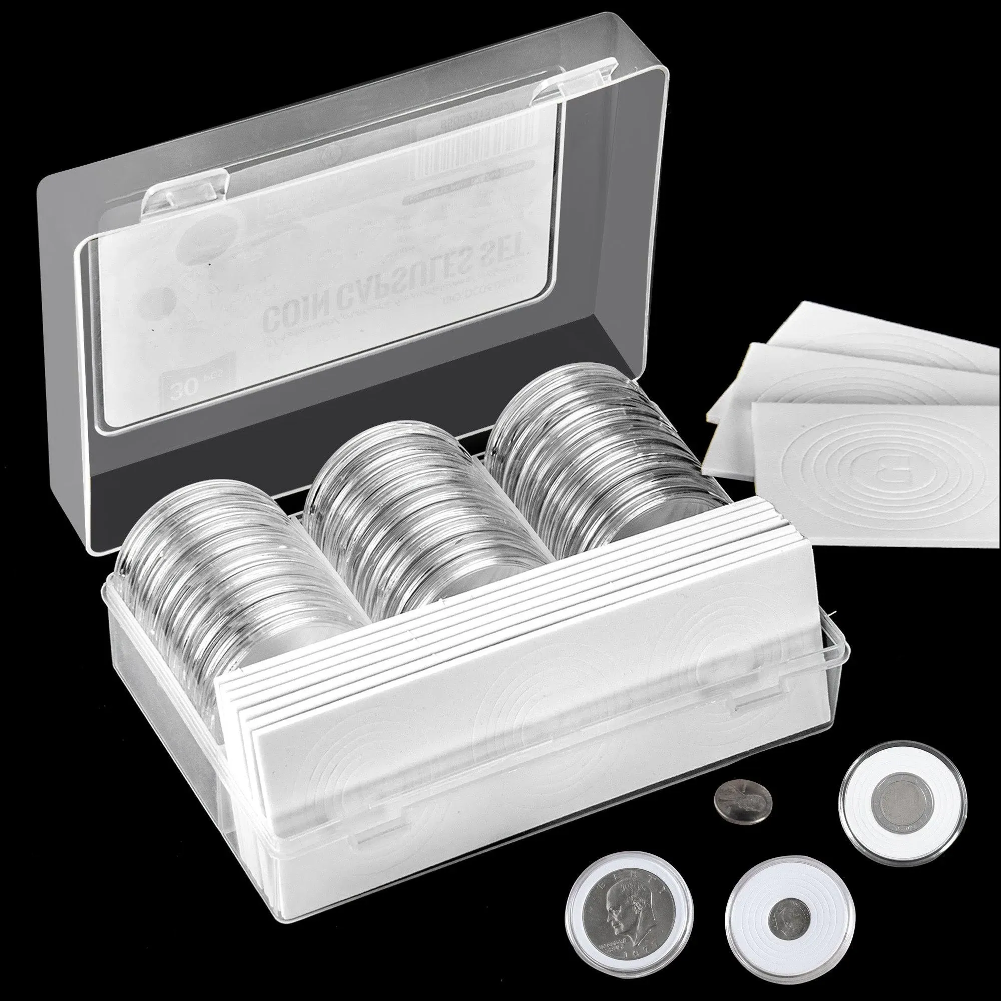 Coin Capsules with Adjustable Gasket & Organizer Box - 30 Pcs Dime Holder Case with Storage Box for Coin Collection Supplies DC06030D