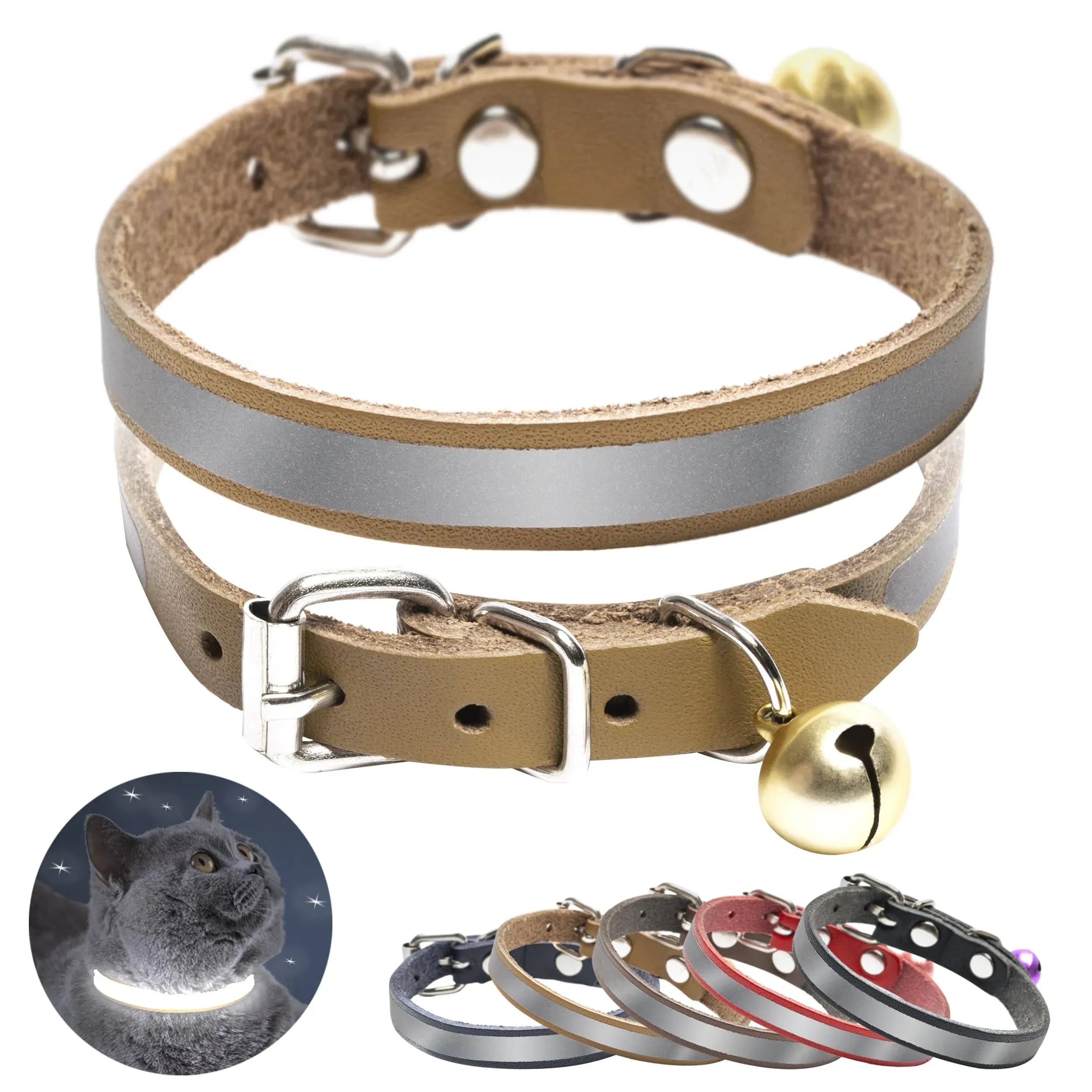 Filbert Leather Cat Collar, Reflective Cat Collar with Bell