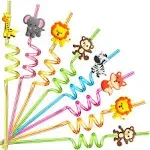 Lidmada 24 Reusable Jungle Animal Plastic Straws