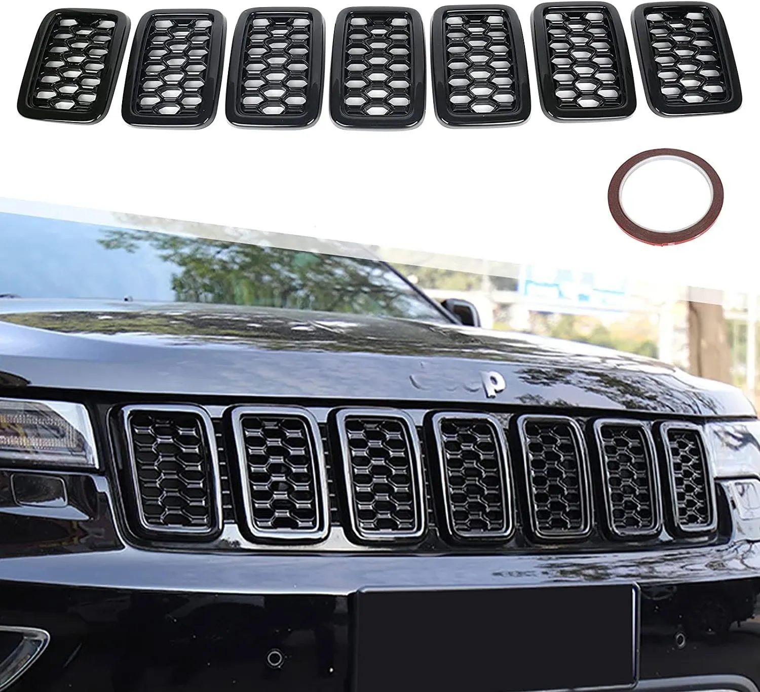 7PCS Glossy Black Honeycomb Mesh Front Grill Inserts kits Replace for 2017-2021 Jeep Grand Cherokee