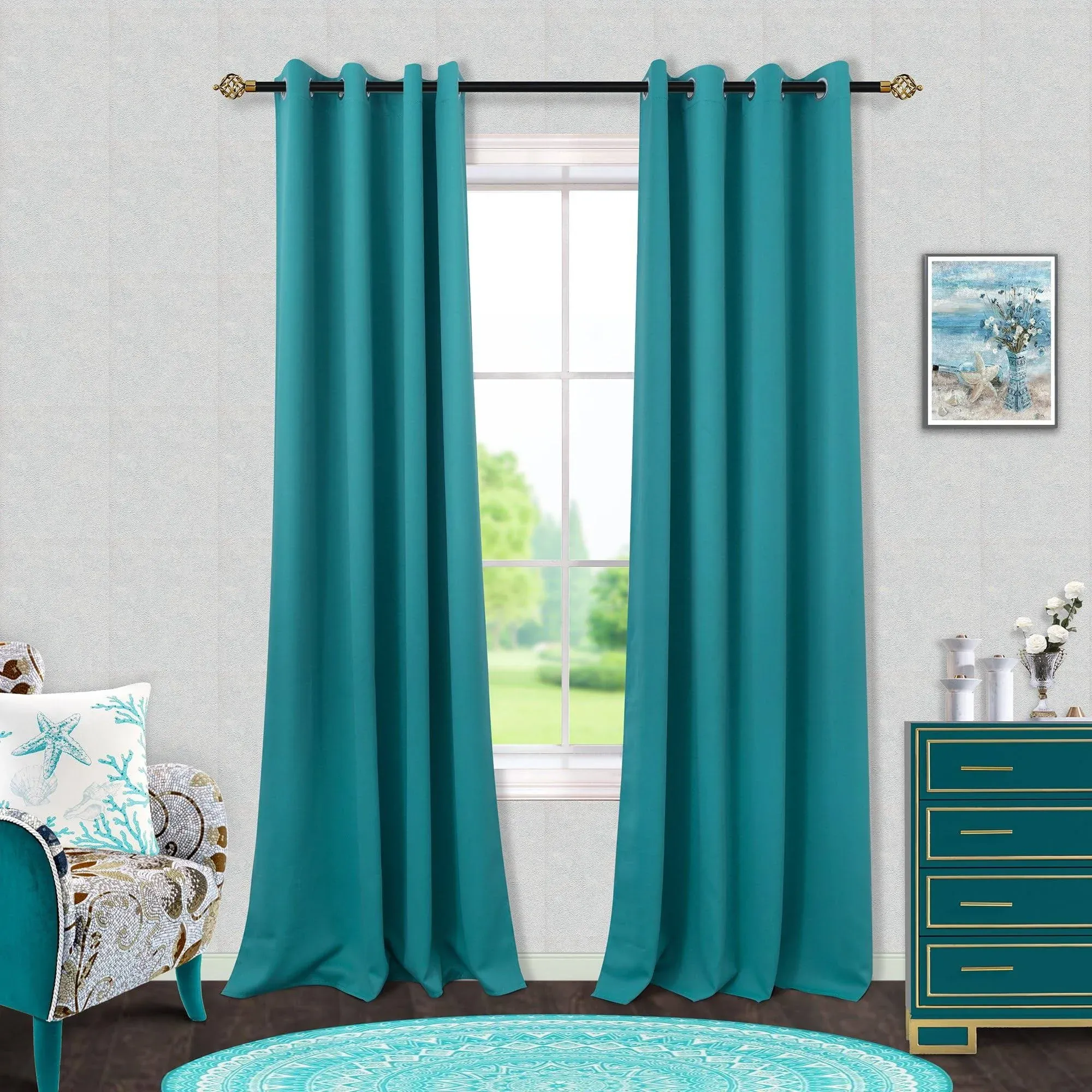 Mrs.Naturall Teal Blackout Curtains 84 Inch Length 2 Panels Set,Window Drapes Colorful Boho Curtains for Bedroom Living Room 84 Inches Long,Blue Green