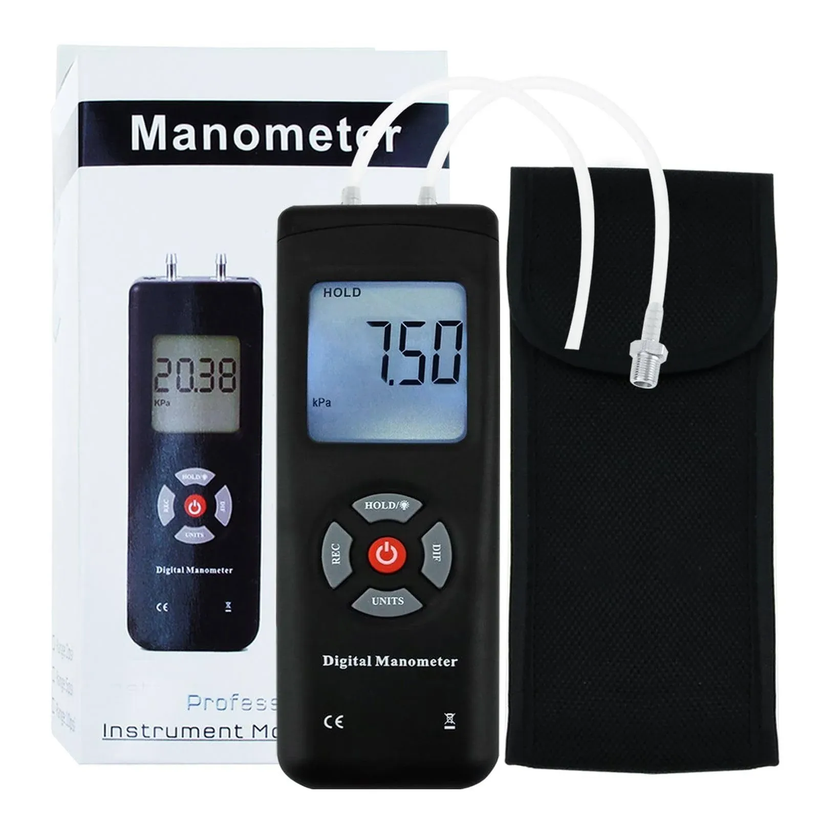 Manometer Handheld Air Pressure Meter Dual-Port Manometer HVAC Gas Pressure Tester, 12 Selectable Units Differential Pressure Gauge with LCD Display Backlight, Extension Hose, Data Record Funtion