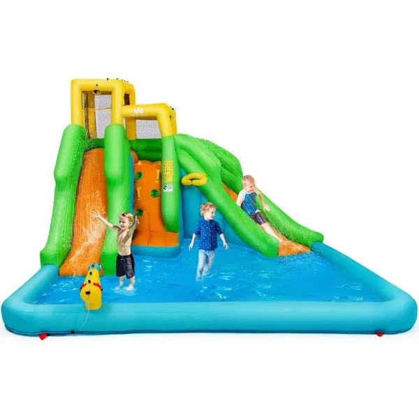 Inflatable Water Park Bounce House w/Climbing Wall Two Slides and Splash Pool