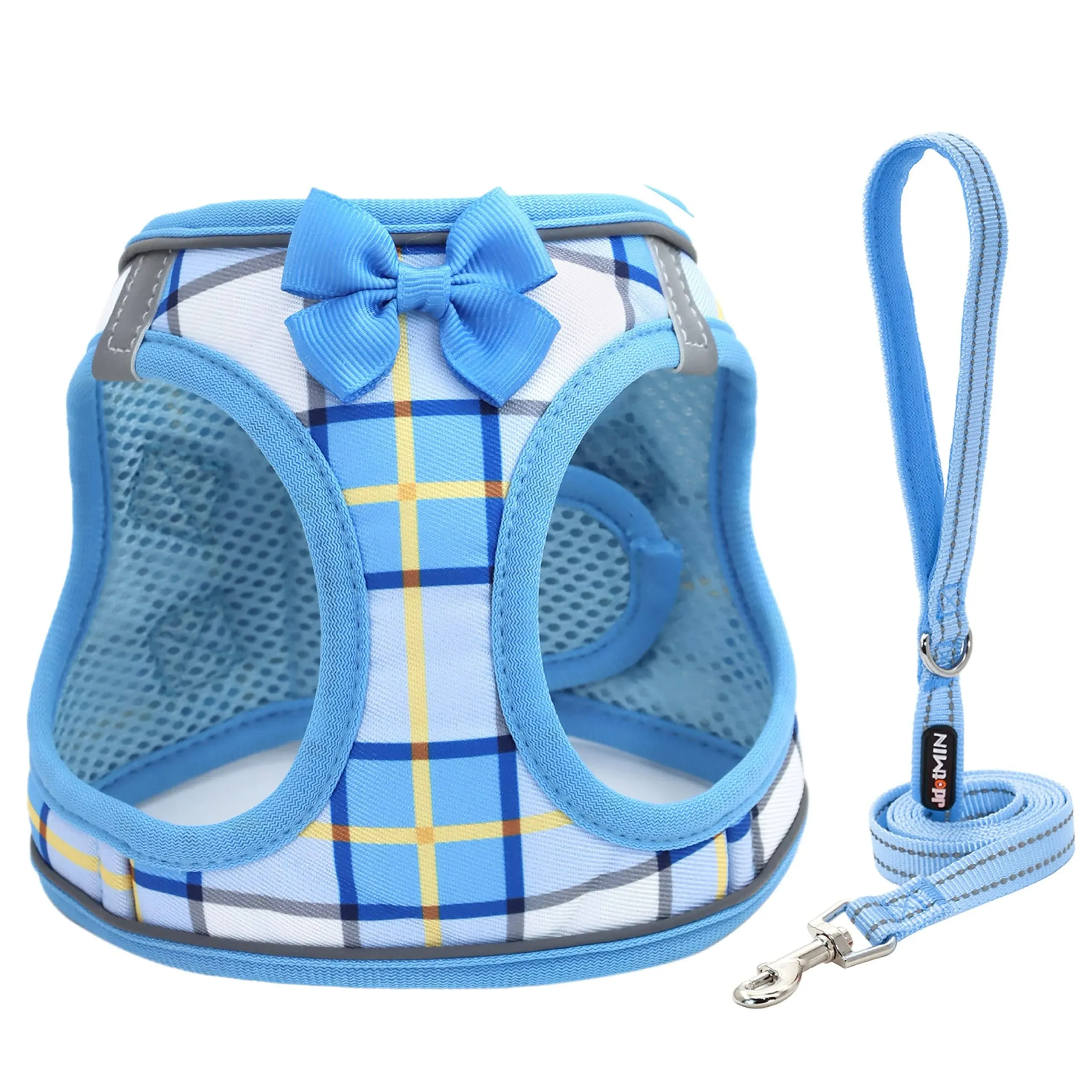 JdotMIN Plaid Dog Harness and Lead Set, Extra-Small to Small Dog and Cat Vest ...