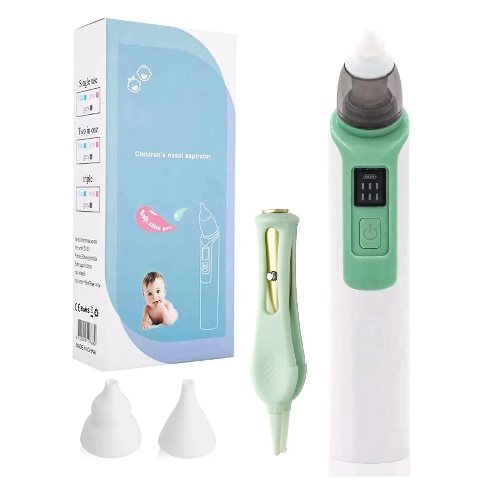 Nasal Aspirator for Baby Electric Nose Aspirator for Toddler Baby Nose Aspirator Adjustable 6 Levels of Suction Automatic Nose Cleaner with 2 Size Nozzles 1 Clip for Newborns and Infants (Green)