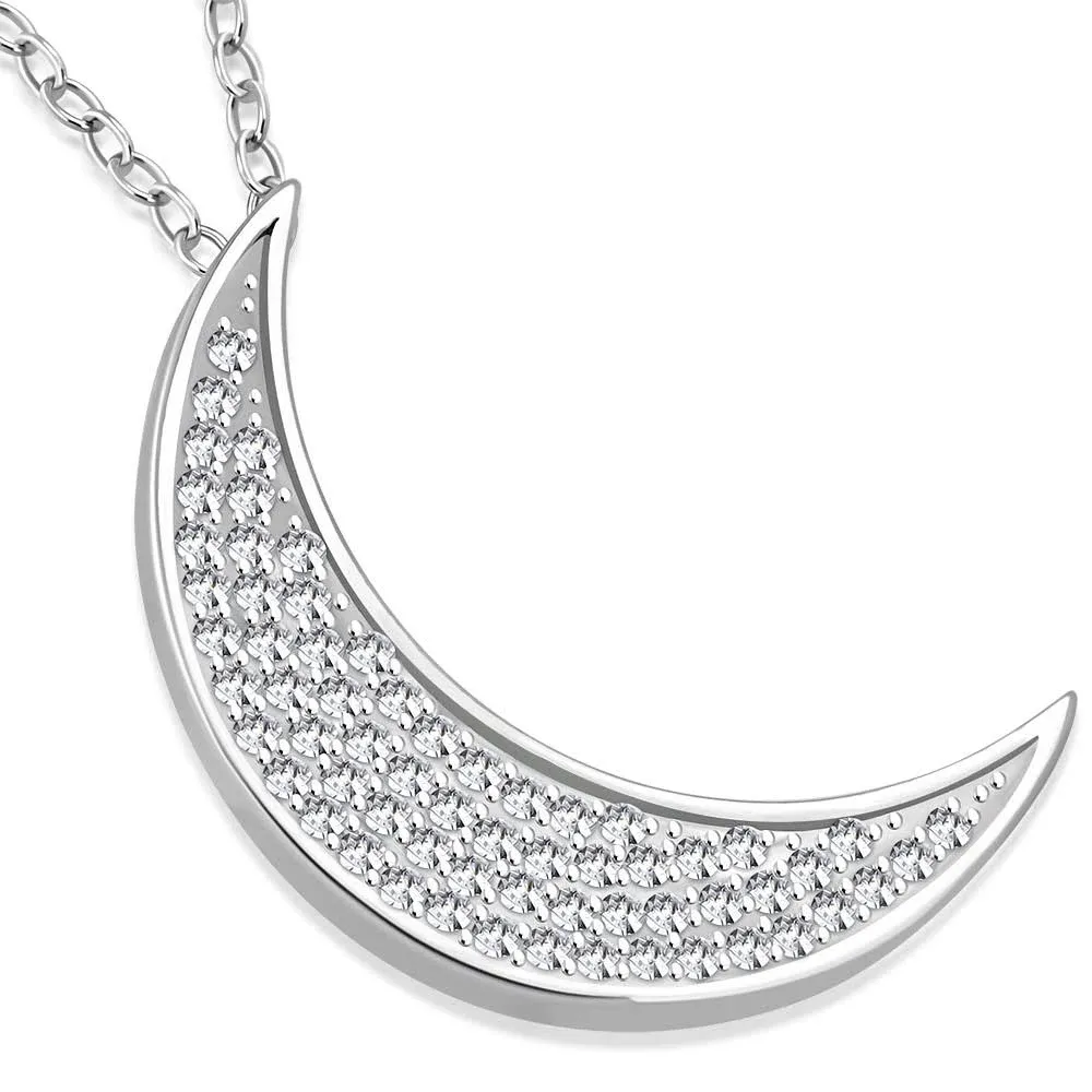 Sterling Silver White Crystals CZ Womens Crescent Half-Moon Pendant Necklace