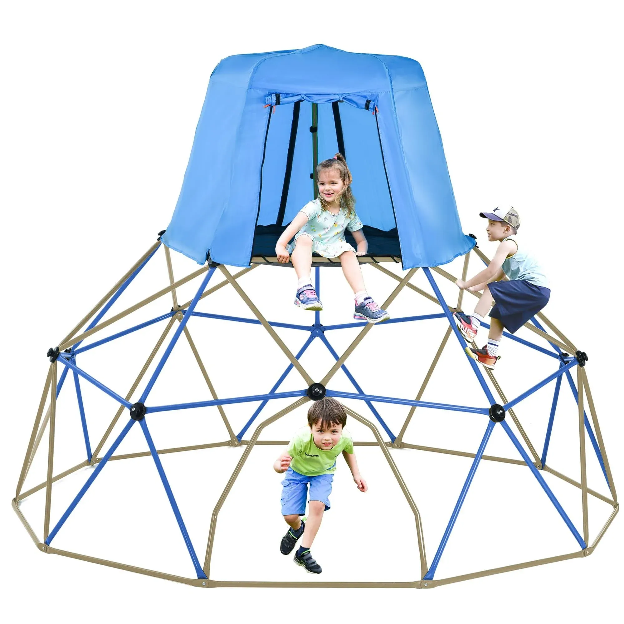 10 FT Climbing Dome with Play Canopy for Kids 3-10, Outdoor Play Equipment Supporting 1000 lbs, Anti-Rust Jungle Gym, Easy Assembly Geometric Dome Climber Play Center (Blue & Silver)