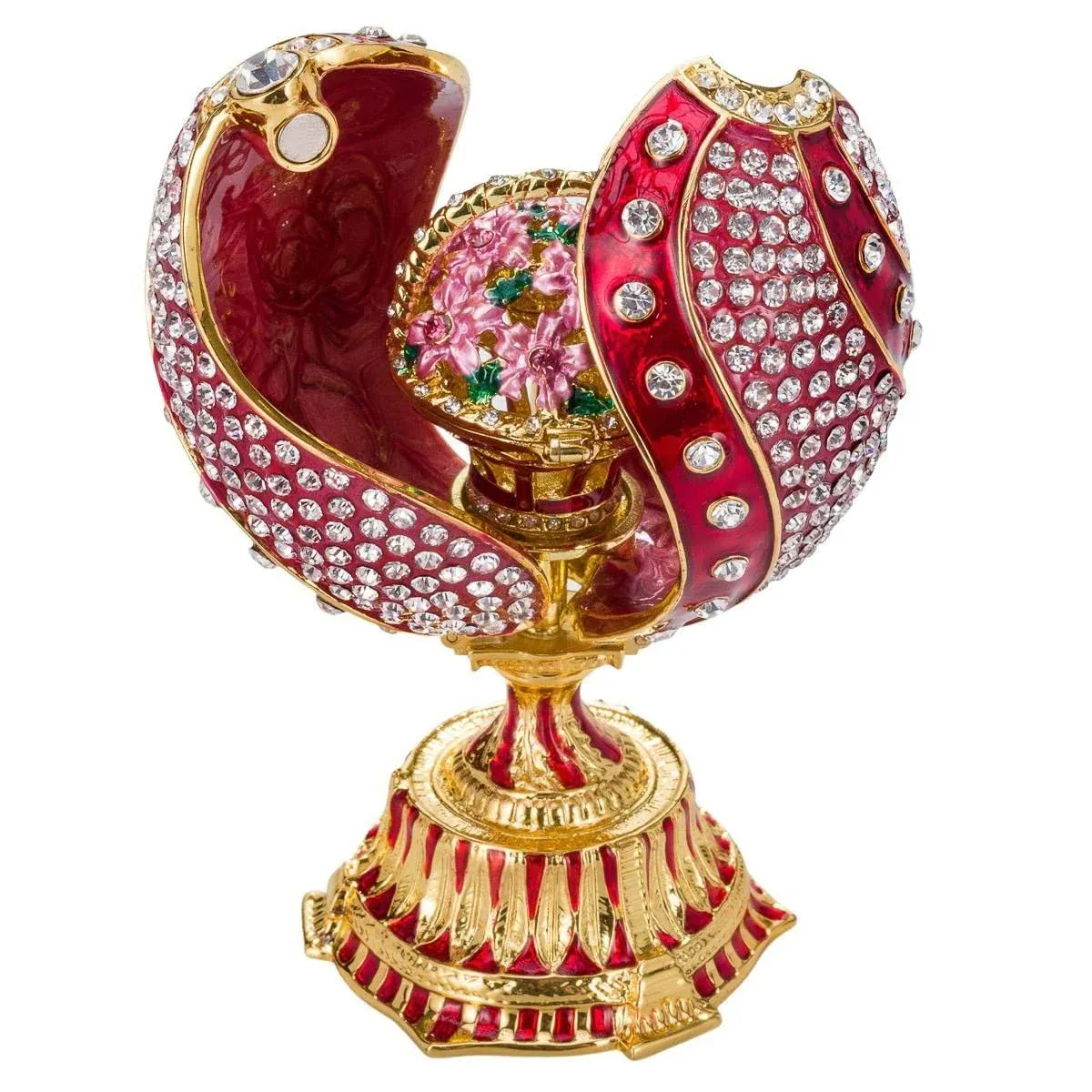 Danila-souvenirs Faberge Style Twisted Egg with Basket of Flowers 4.8'' (12 cm) Red