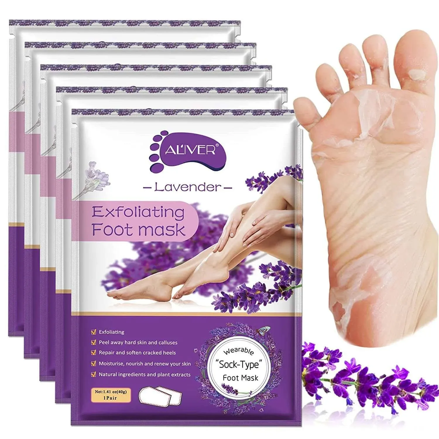 Foot Peel Masks for Dry Cracked Feet 5 Pack,Exfoliating Foot Mask, Natural Exfoliator for Dead Skin, Callus, Repair Rough Heels for Men Women,Make your Foot Baby Soft in 7 Days, AlIVER (4" - 12")