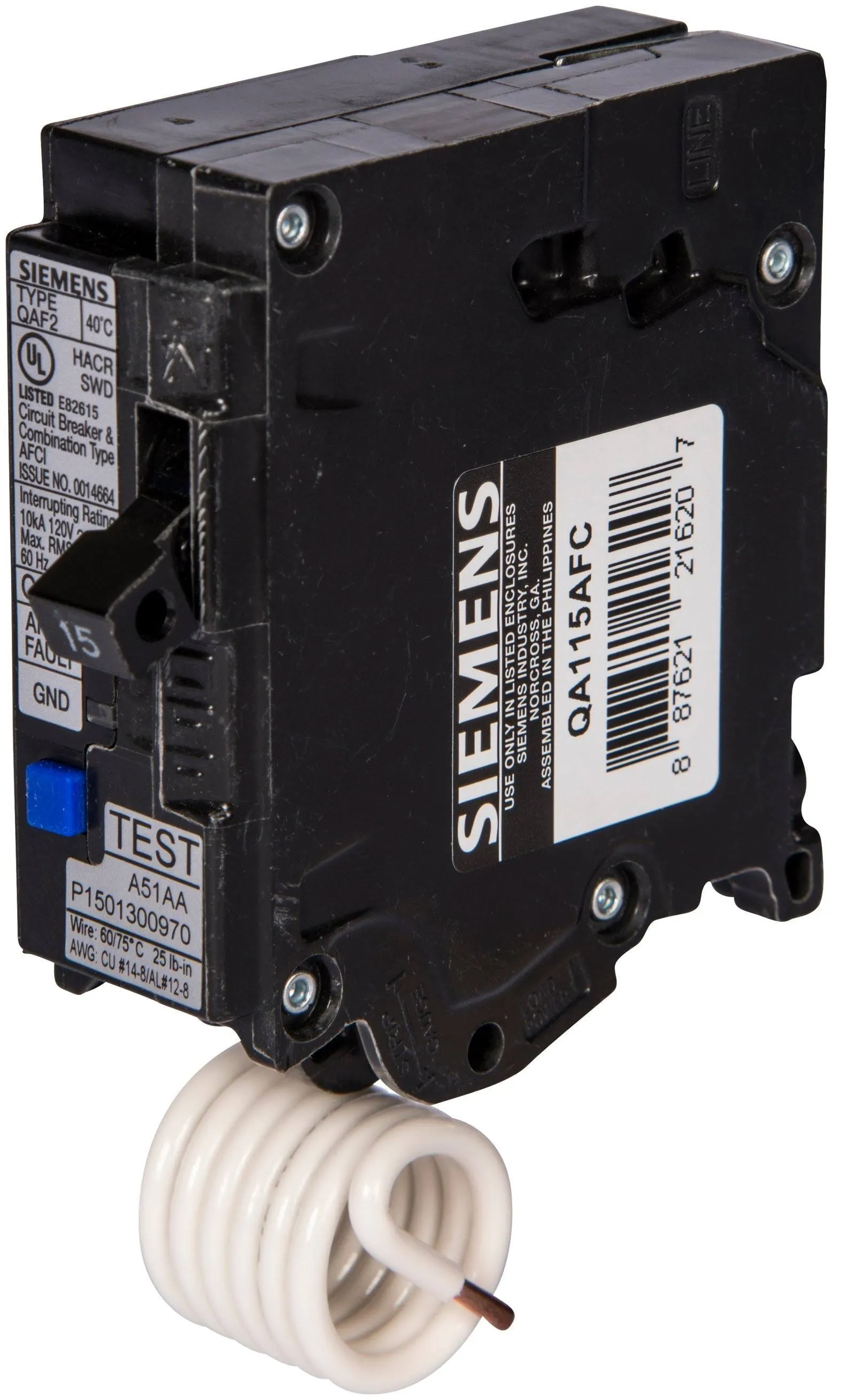 Siemens MP115AFC Circuit Breaker, AFCI, Combination, 15 A, 1 -Pole, 120 V, Common Trip, Plug Mounting