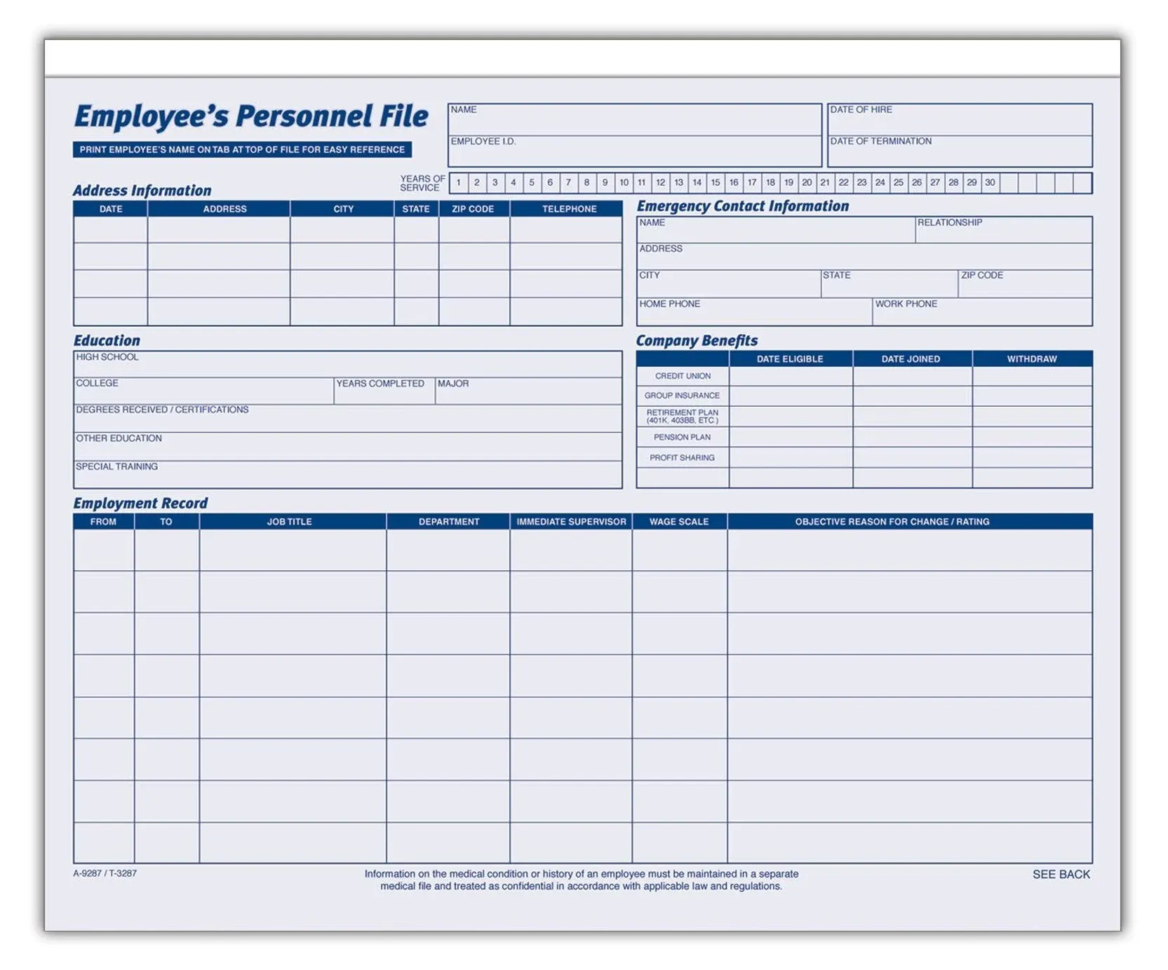 Adams Employee's Personnel File Folder