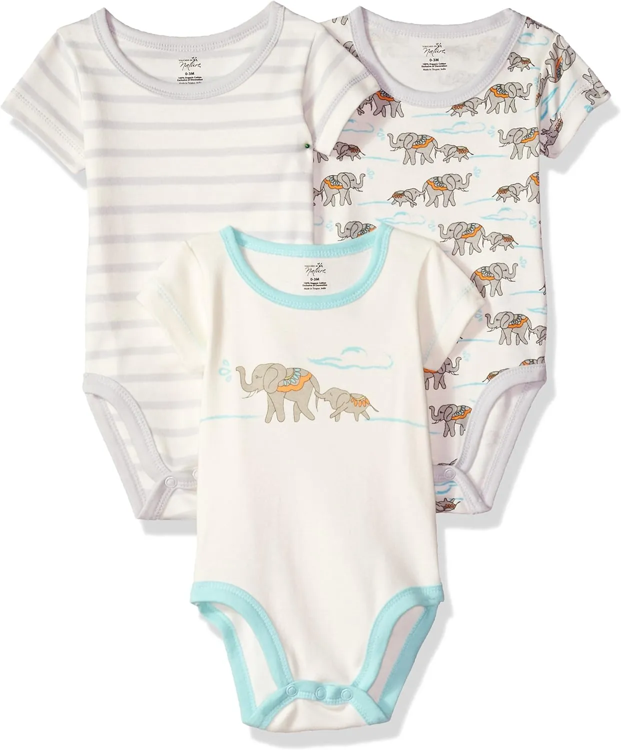 Touched by Nature Organic Cotton Bodysuits Mint Elephant 3-Pack / 3-6 Months