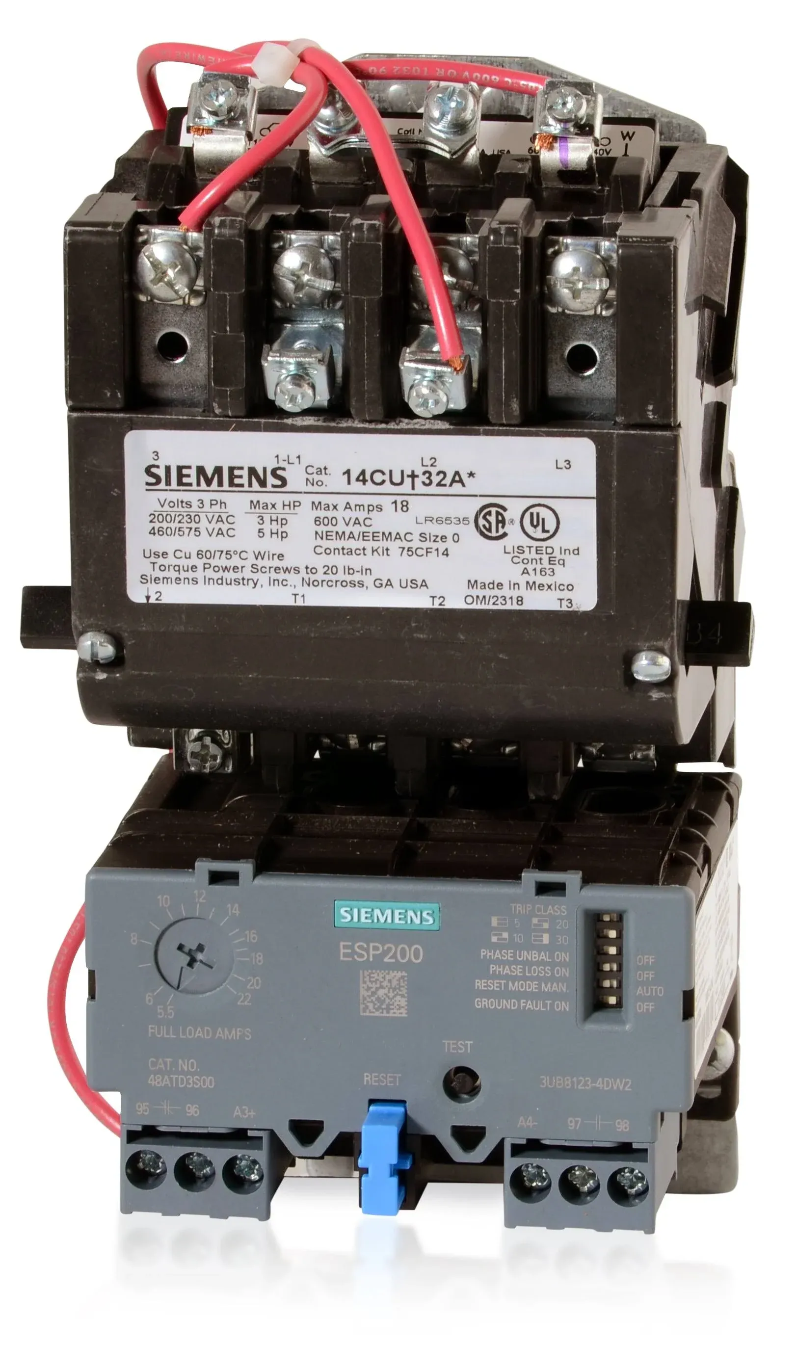 Siemens 14CUD32AA Heavy Duty Motor Starter, Solid State Overload, Auto/Manual Reset, Open Type, Standard Width Enclosure, 3 Phase, 3 Pole, 0 NEMA Size, 5.5-22A Amp Range, A1 Frame Size, 110-120/220-240 at 60Hz Coil Voltage , Black