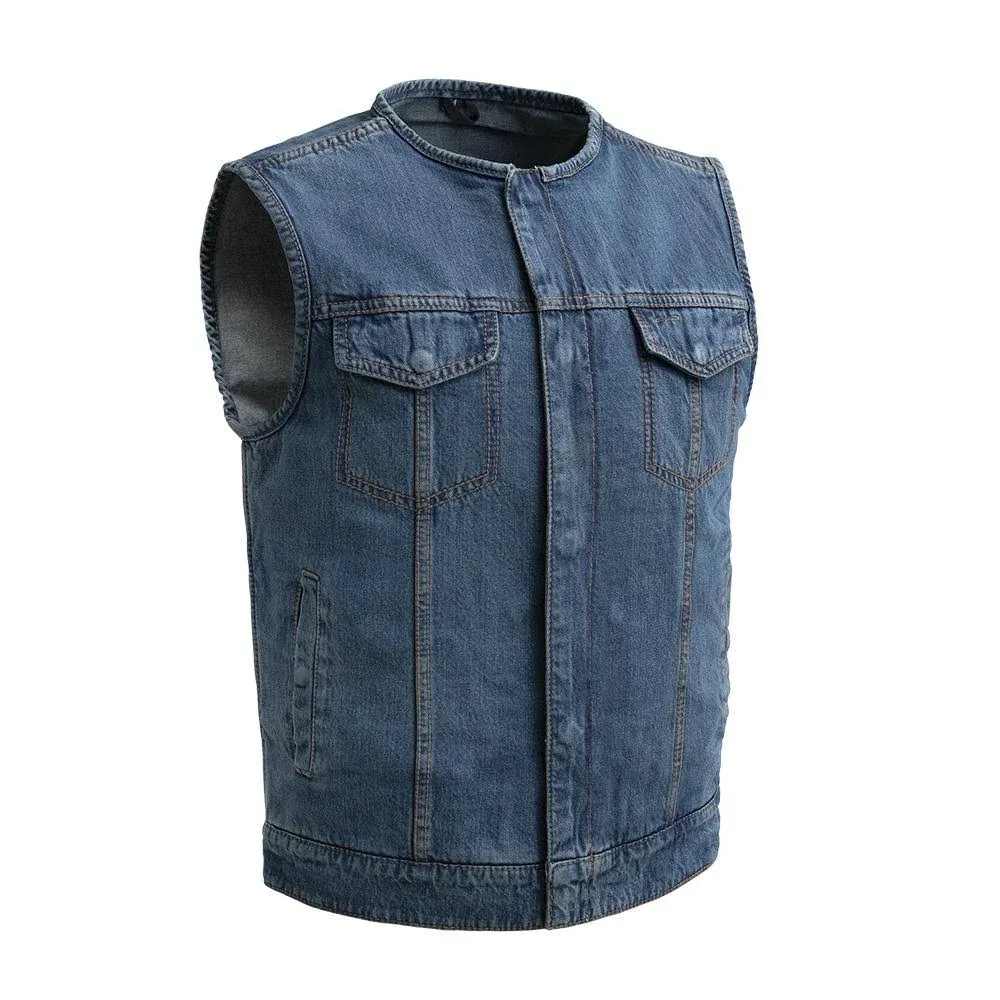 Collarless Blue Denim Club Vest