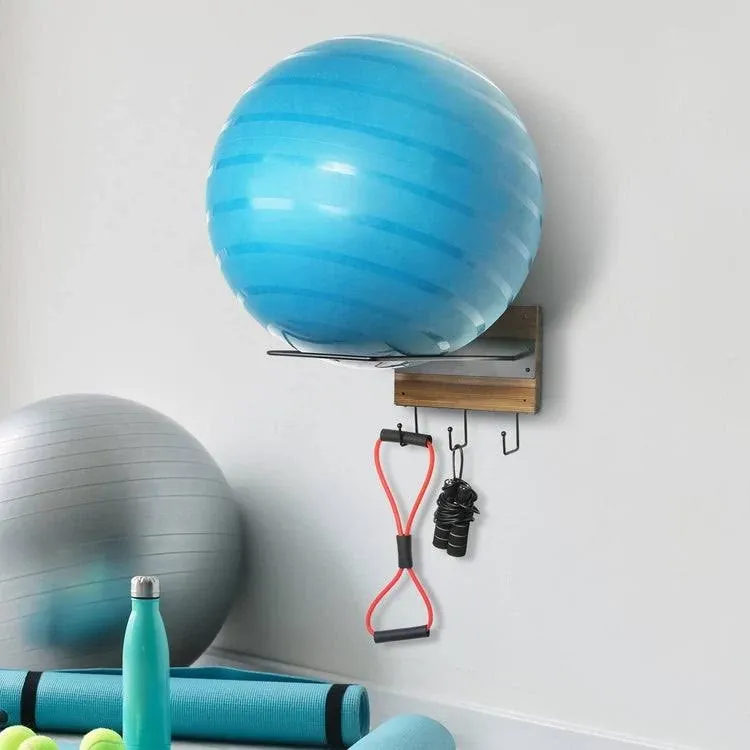 Wood and Metal Exercise Ball Organizer w/ 3 Bottom Storage Hooks, Ball Holder  | eBay