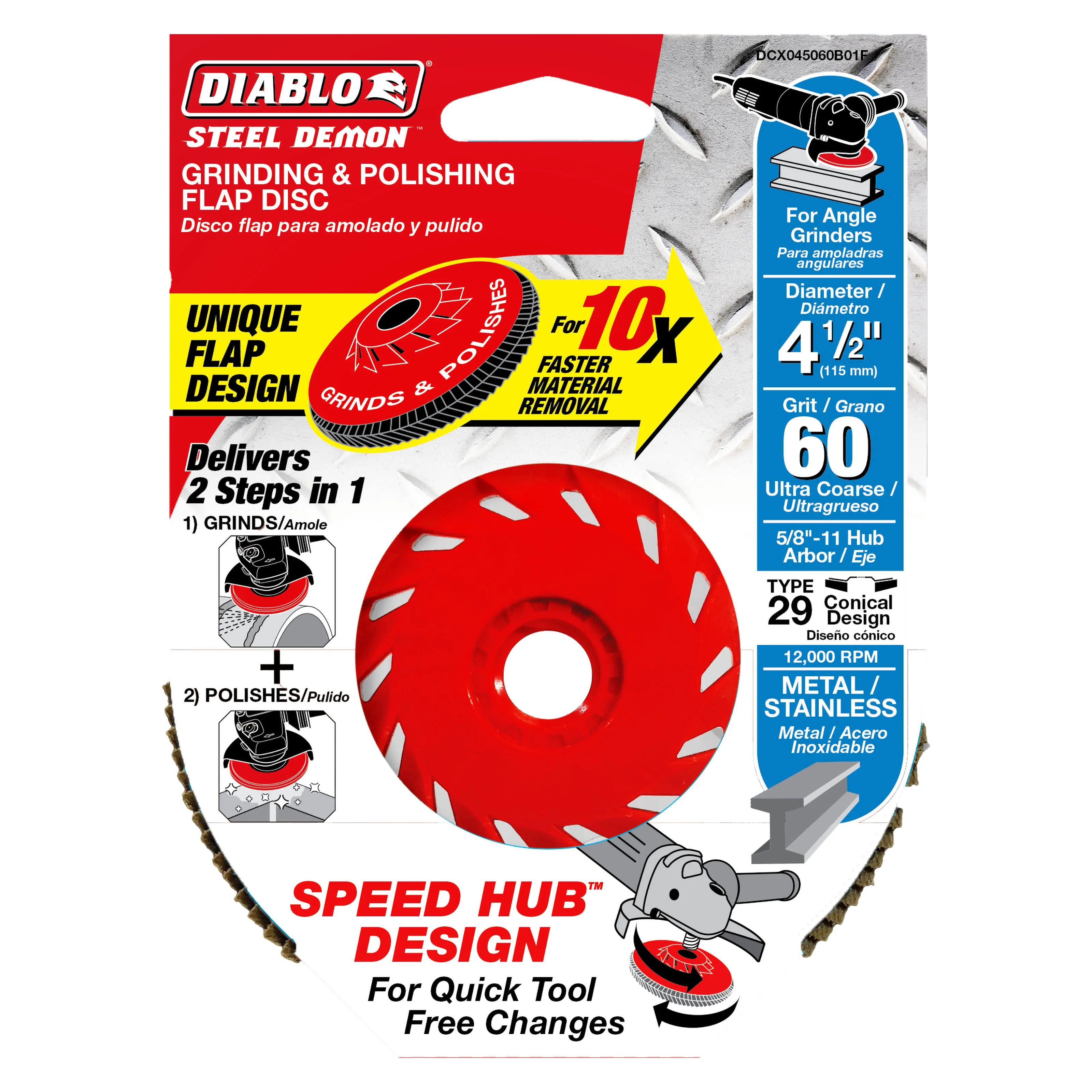 Diablo DCX045060B01F 4-1/2" Steel Demon Flap Disc 60 Grit - with Speed Hub