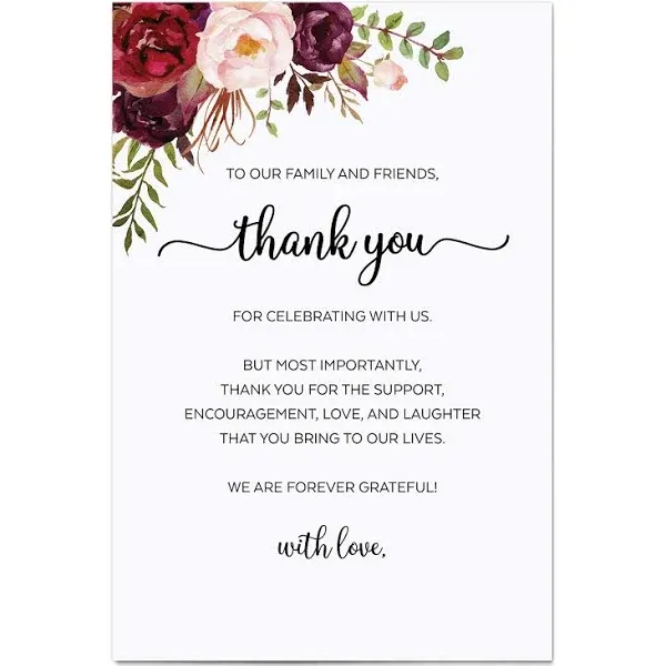 321Done Thank You Table Place Setting Cards (Set of 50) Large 4x6 With Love, Wedding, Party, Retirement, Graduation, Birthday, Shower, Baby Bridal - Made in USA - Watercolor Red Roses Floral White