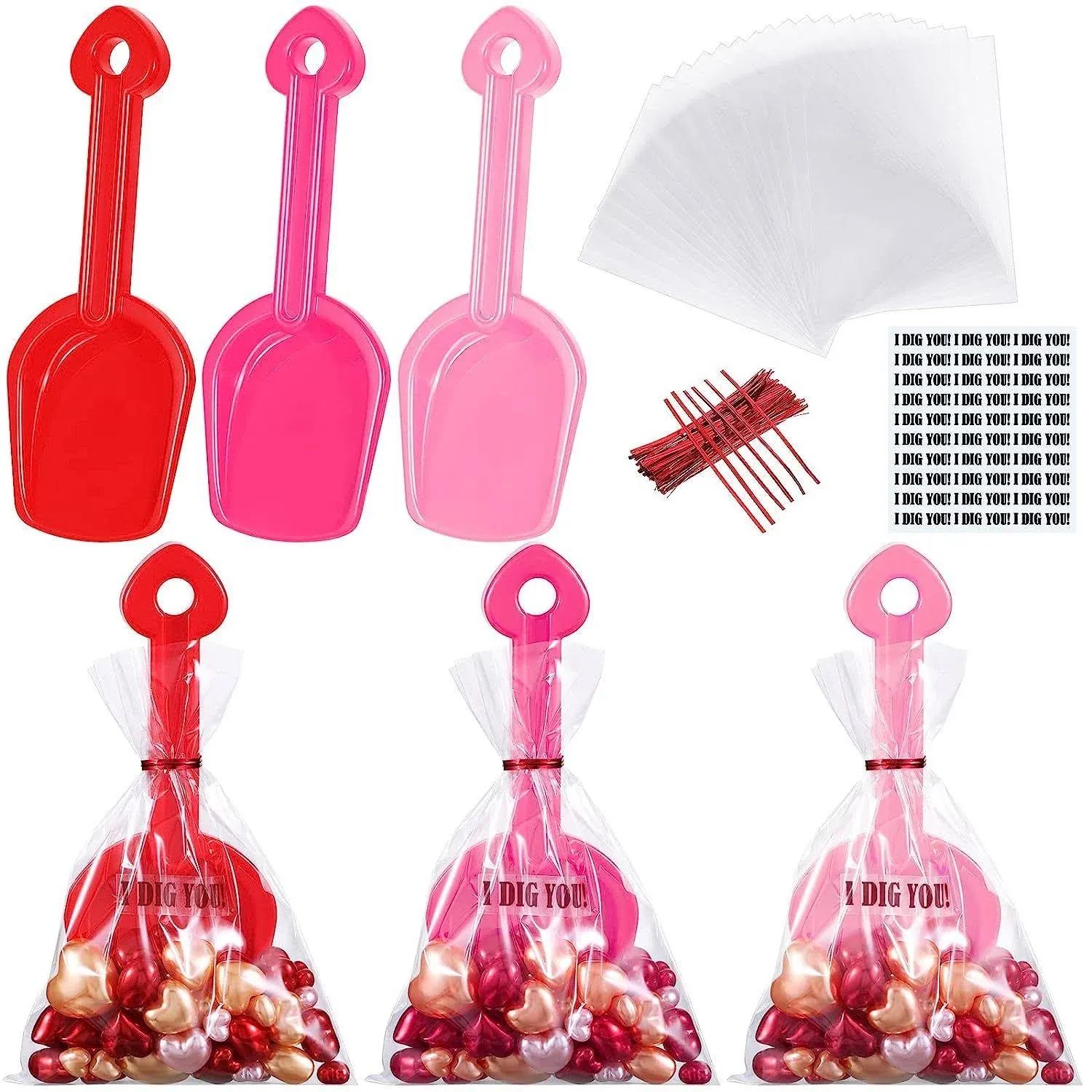 Spakon 30 Sets Valentine Shovels with I Dig You Valentine Stickers Cellophane Bags and Twist Ties for Valentine's Day School Classroom Exchange Prizes