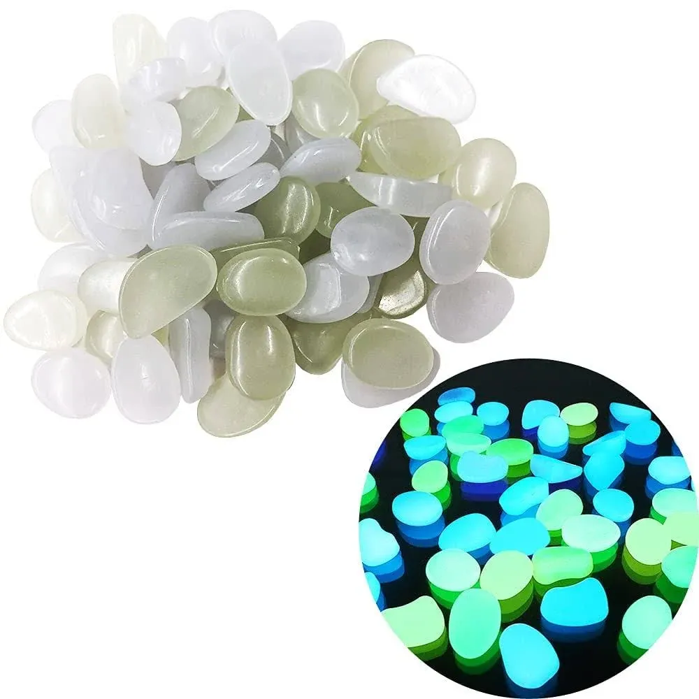 Glow in The Dark Rocks Stones/Luminous Pebbles Glow Stones 100 Pcs, Light or Solar Charged, Indoor, Outdoor, Garden, Aquarium, Fish Tank, Planter (Green & White / 100)