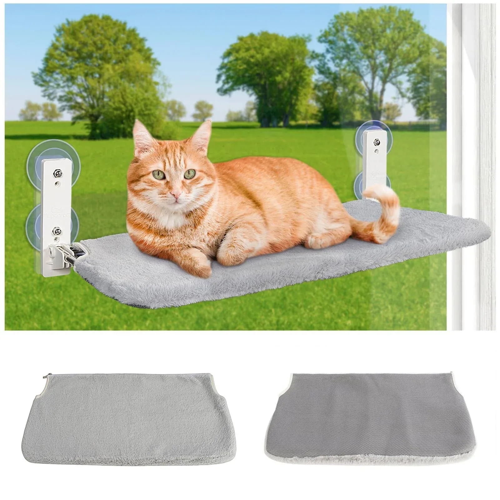 Heavy-Duty Cat Window Hammock with Upgraded Suction Cups - Thick Frame and Larger Base for Extra Stability, Soft Cat Window Perch for Indoor Large Cats in Grey