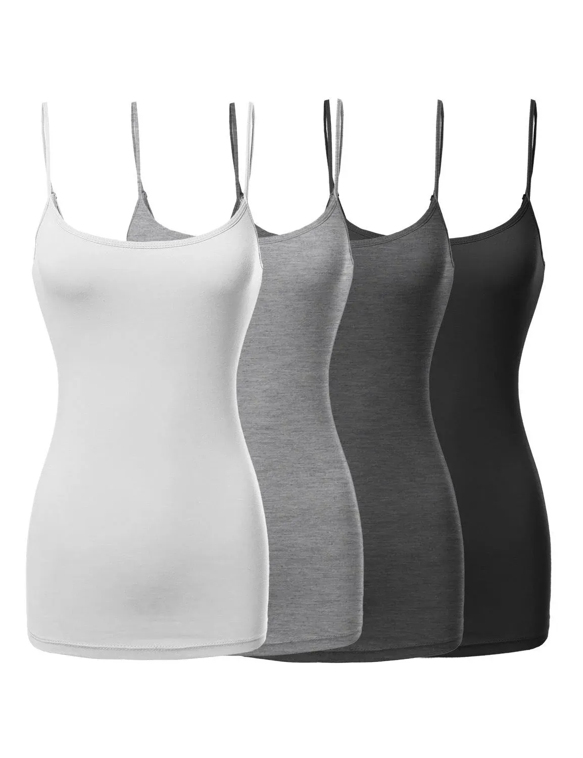 Women's Basic Solid Long Length Adjustable Spaghetti Strap Tank Top 4pk - White ...