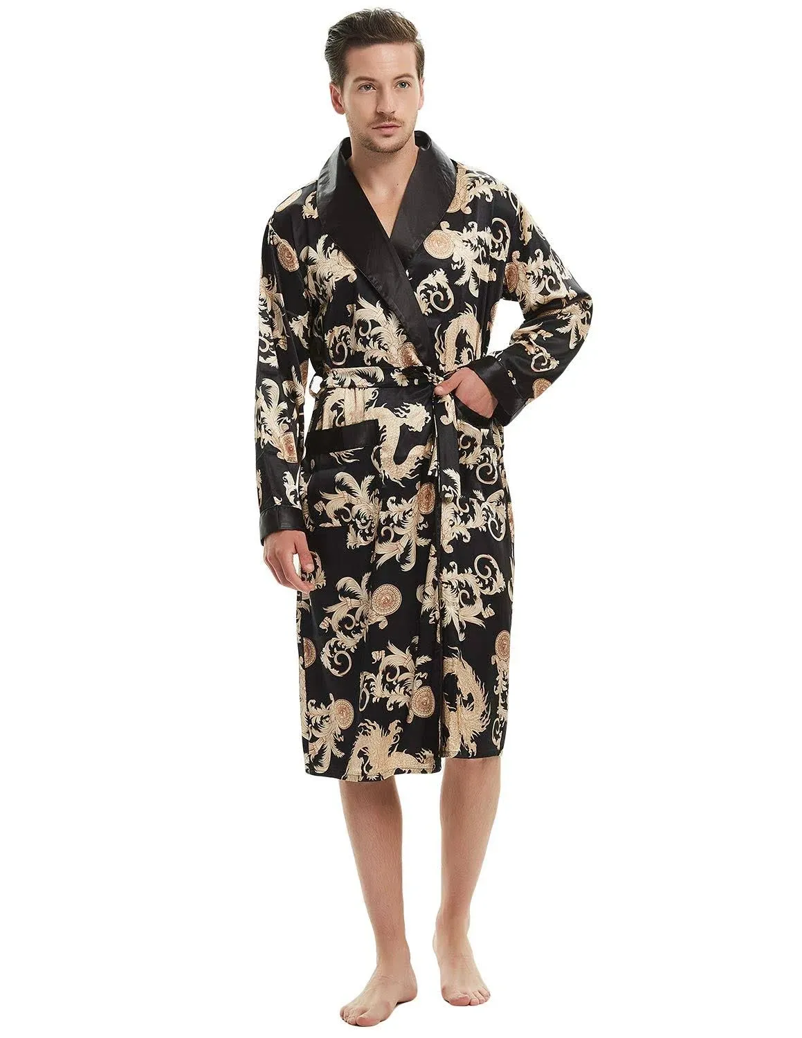 Haseil Men's Satin Robe Dragon Luxurious Silk Spa Long Sleeve House Kimono Bathrobe