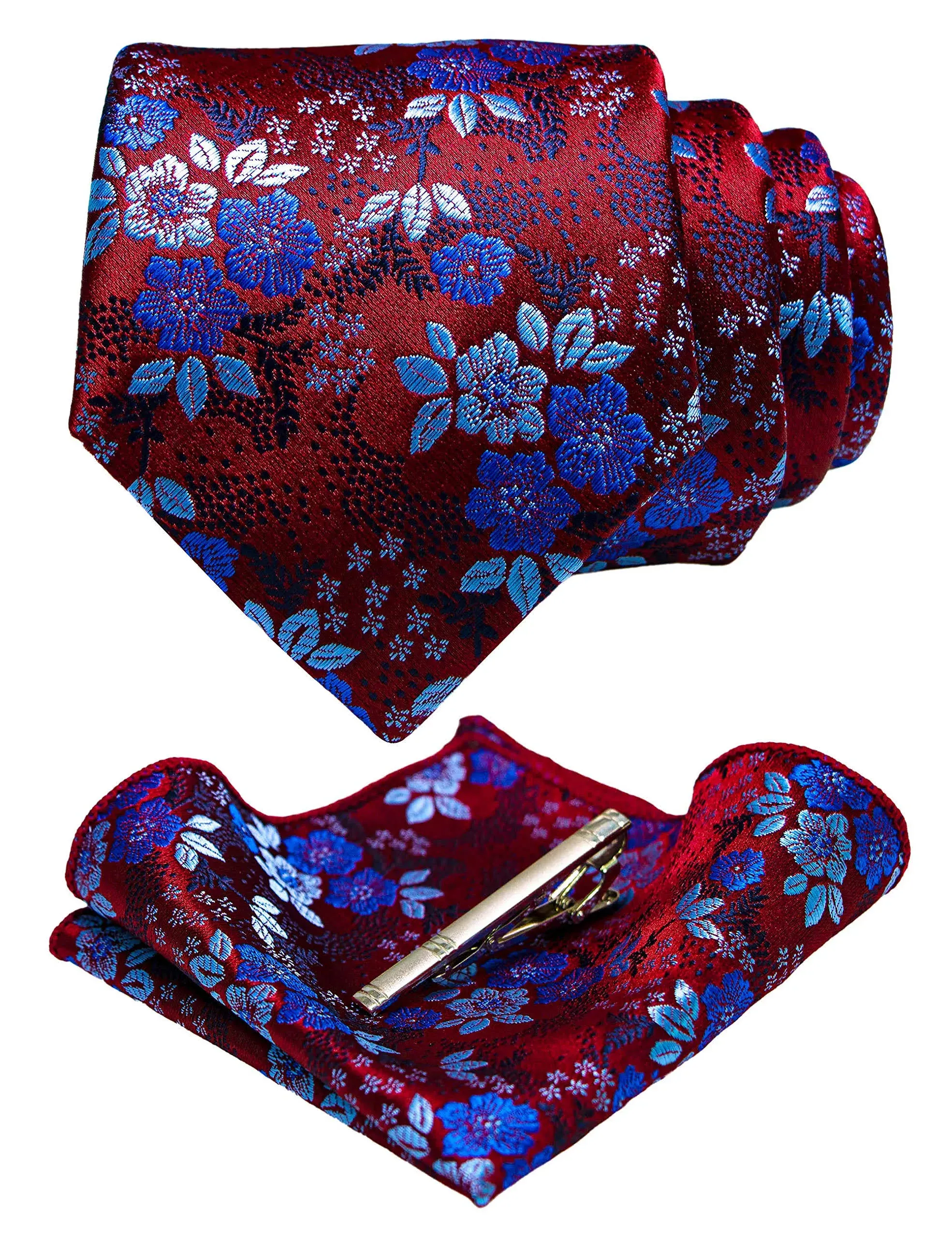 JEMYGINS Floral Necktie and Pocket Square Tie Clip Sets for Men