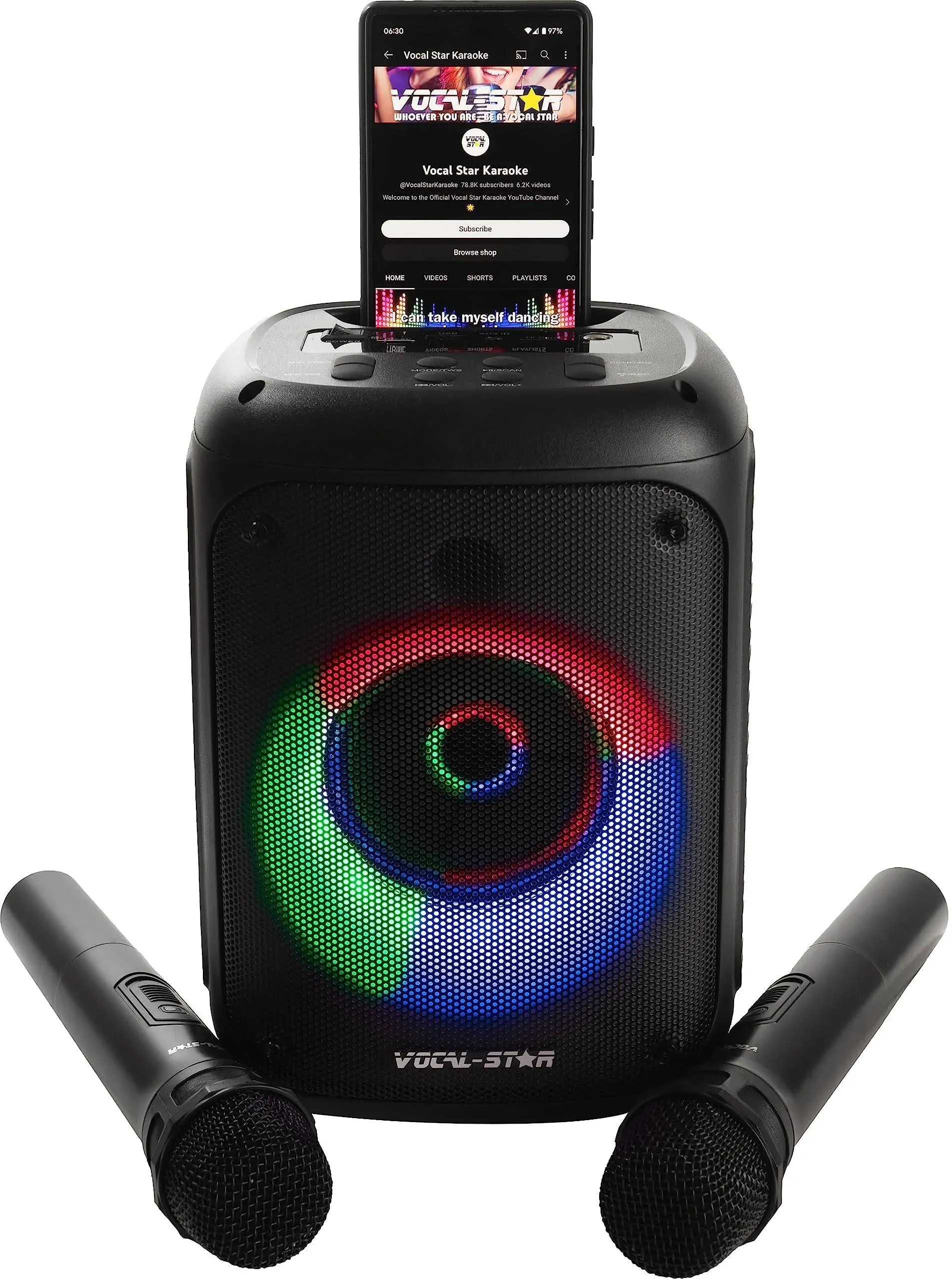 Vocal-Star Portable Karaoke Machine with Bluetooth, 2 Wireless Microphones, Karaoke System, 60w Speaker, Party Lights Effects, Records Singing, Rechargeable VS-275