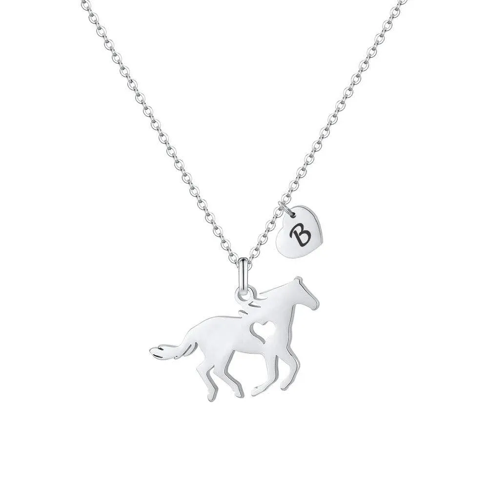 MONOOC Girls Horse Necklace, Dainty B Necklace Initial Heart Letter Necklace Stainless Steel Horse Necklaces for Girls Horse Jewelry for Little Girls Horse Alphabet Necklace Horse Gifts for Kids