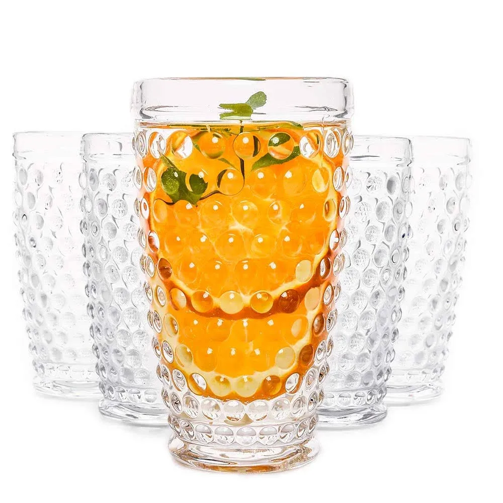 G Hobnail Glassware 6 Set Old Fashioned Iced Beverage Drinking Glasses, 13.3 oz Premium Tall Highball Water Glasses Cups for Juice Cocktail Mojito