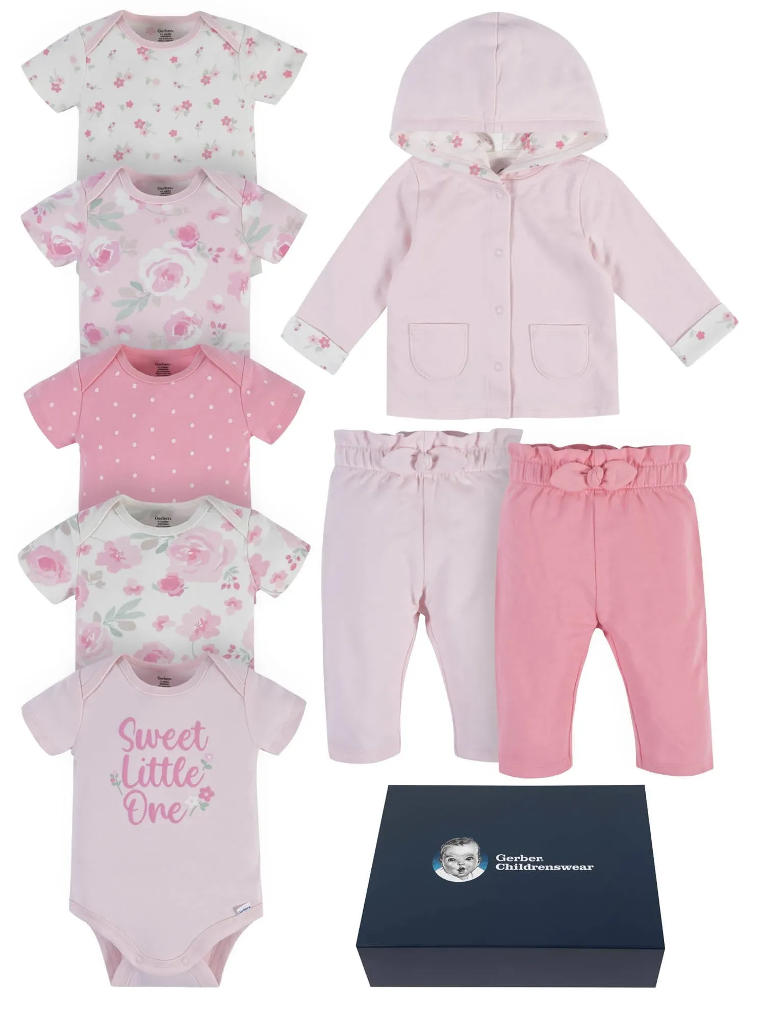 Gerber Baby 8-Piece Clothing Gift Set (5Pk Bodysuits 2Pk Pants & 1Pk Hooded Cardigan), Pink, 0-3 Months