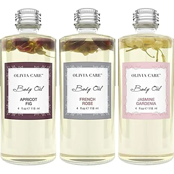 Olivia Care 3 Pack Body Oils Scents: Apricot Fig French Rose Jasmine Gardenia -All Natural Perfume Fragrance & Body Oil Moisturizer Rich in Vitamin E