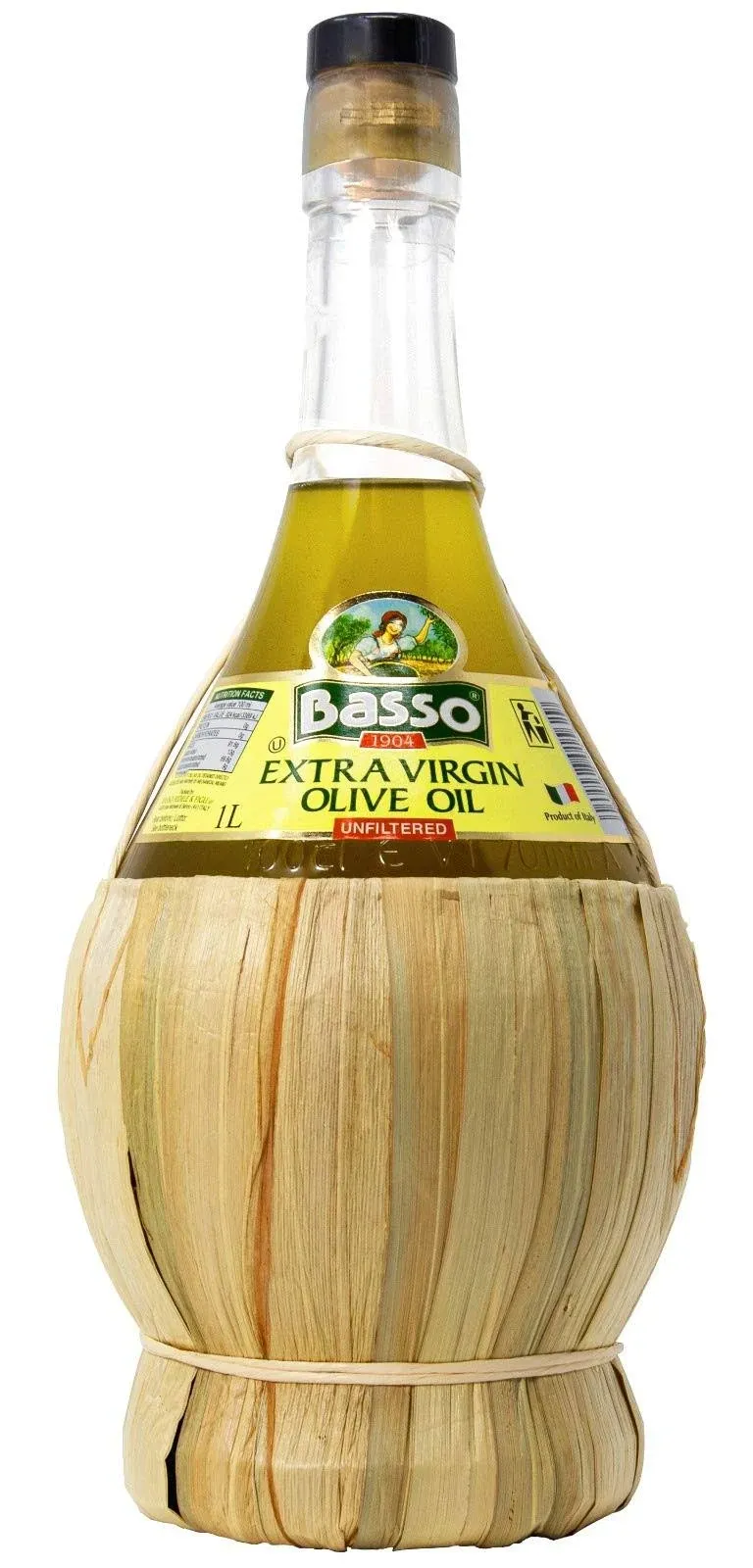 Extra Virgin Olive Oil | Unfiltered "Premium" | "First Cold Pressed" | "Product of Italy" | Wicker/Straw Basket| 1 liter (33.81 fl oz) by BASSO 1904