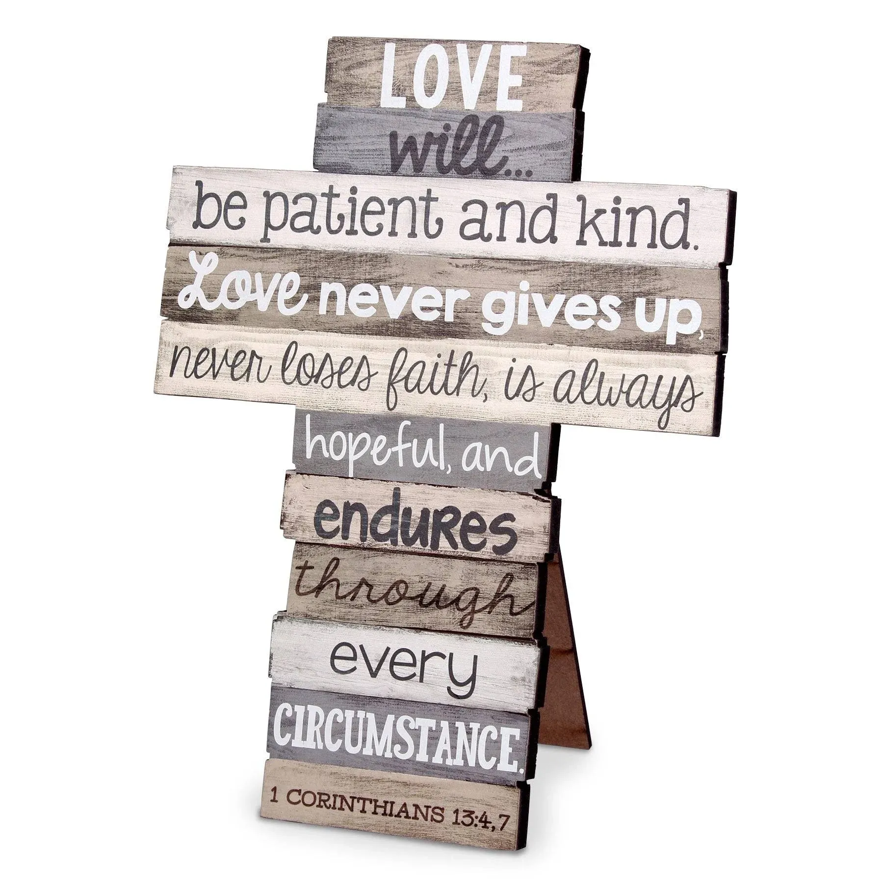 Love Never Gives Up Distressed Wood 9 Inch Stacked Wood Cross Figurine