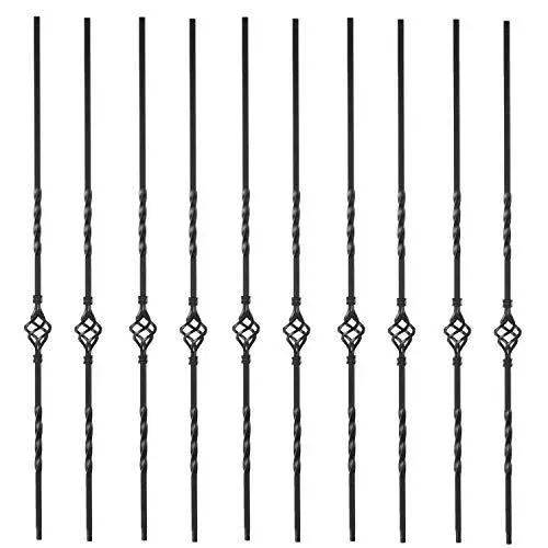 S08 - Wrought Iron Balusters – Set of 10 Deck Balusters - Decorative Metal Balusters for Decks – Spiral Stair Railing - 1/2-inch Hollow Single Basket Iron Spindles – Satin Black Metal Railing