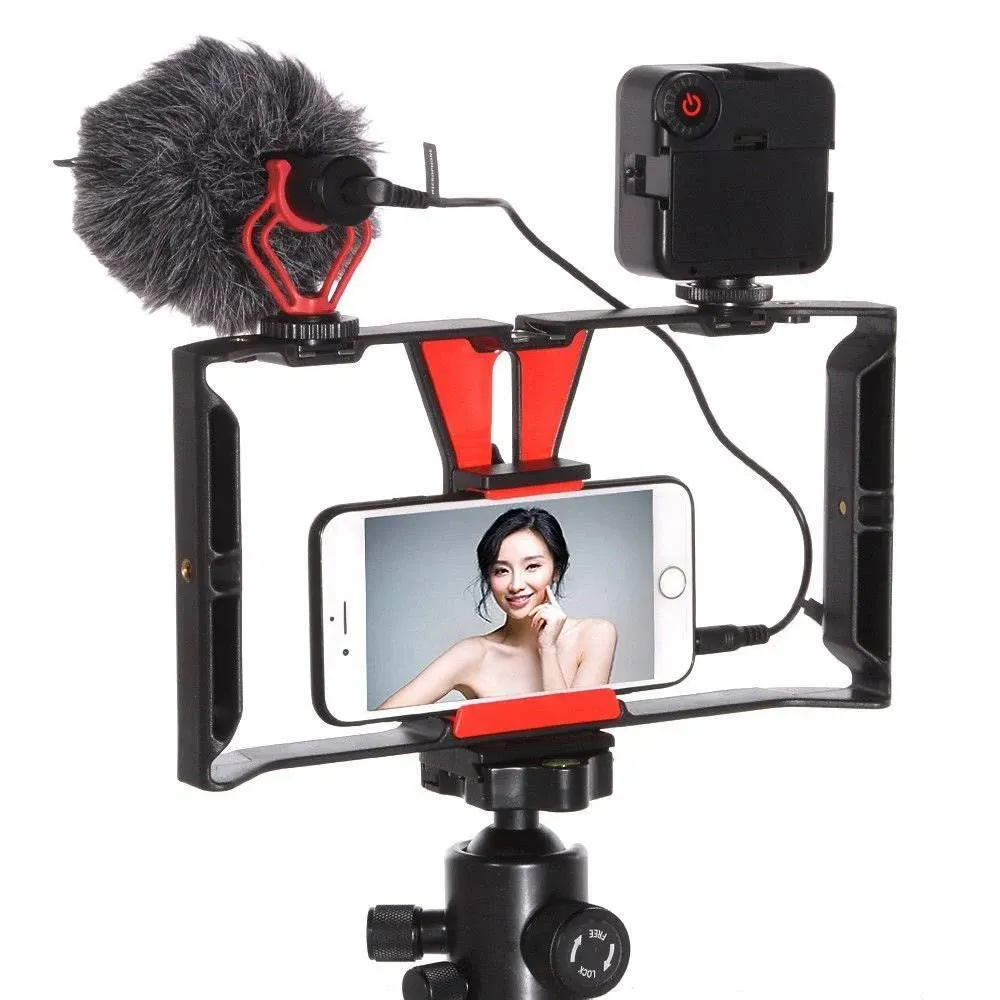 FocusFoto Smartphone Video Rig Camera Cage Mount Holder Stabilizer Handle Grip with BOYA by-MM1 Shotgun Microphone Mic + 49 LED Light Kit for Mobile Phone iPhone Filmmaking Professional Videomaker